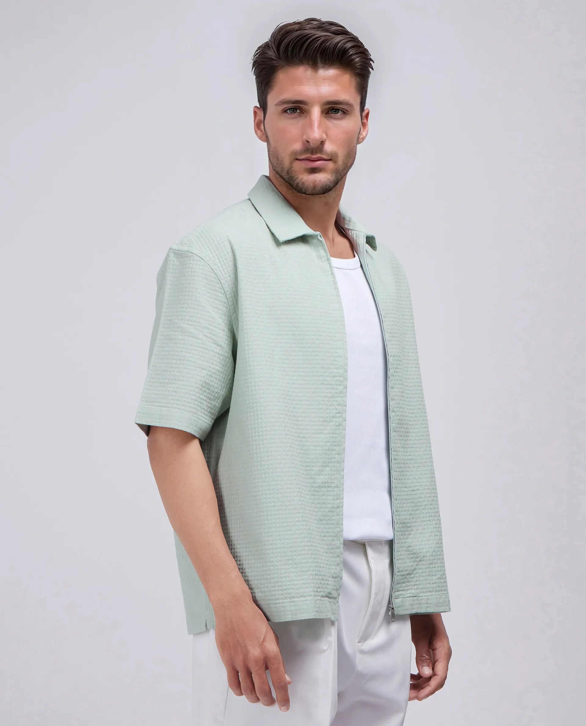 Rare Rabbit Men's Rics Pastel Green Cotton Fabric Short Sleeve Collared Neck Button Closure Printed Shirt