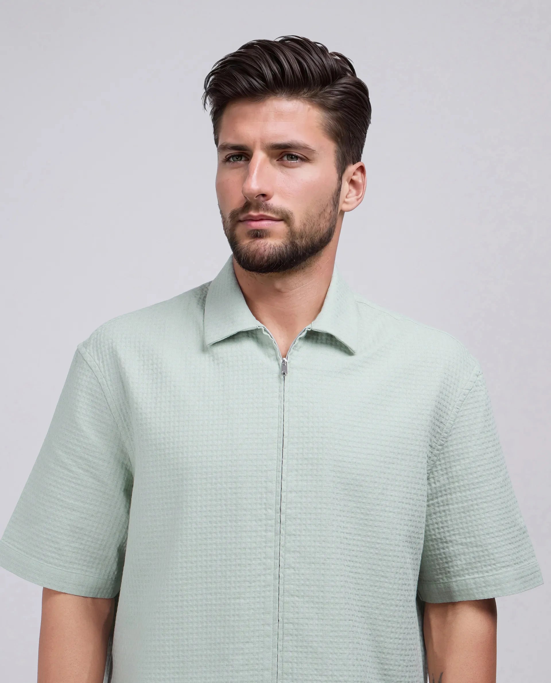 Rare Rabbit Men's Rics Pastel Green Cotton Fabric Short Sleeve Collared Neck Button Closure Printed Shirt