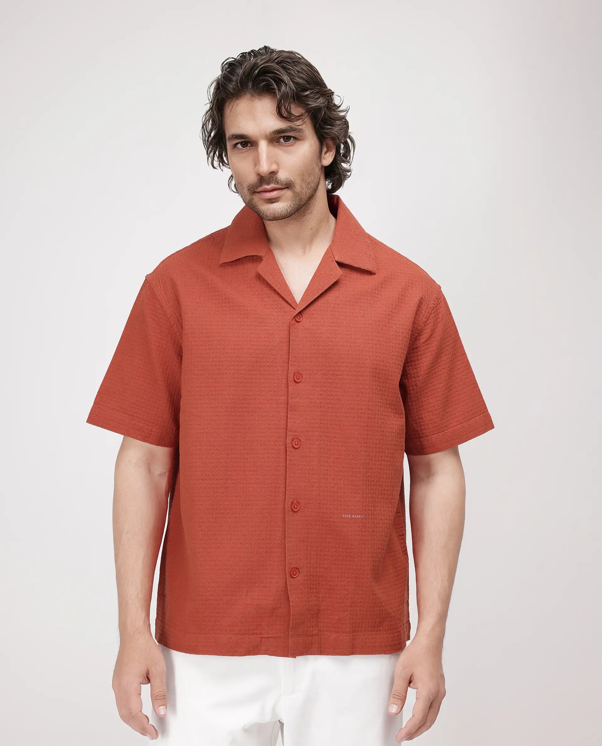 Rare Rabbit Men's Rics Rust Cotton Fabric Short Sleeve Cuban Collar Button Closure Textured Shirt