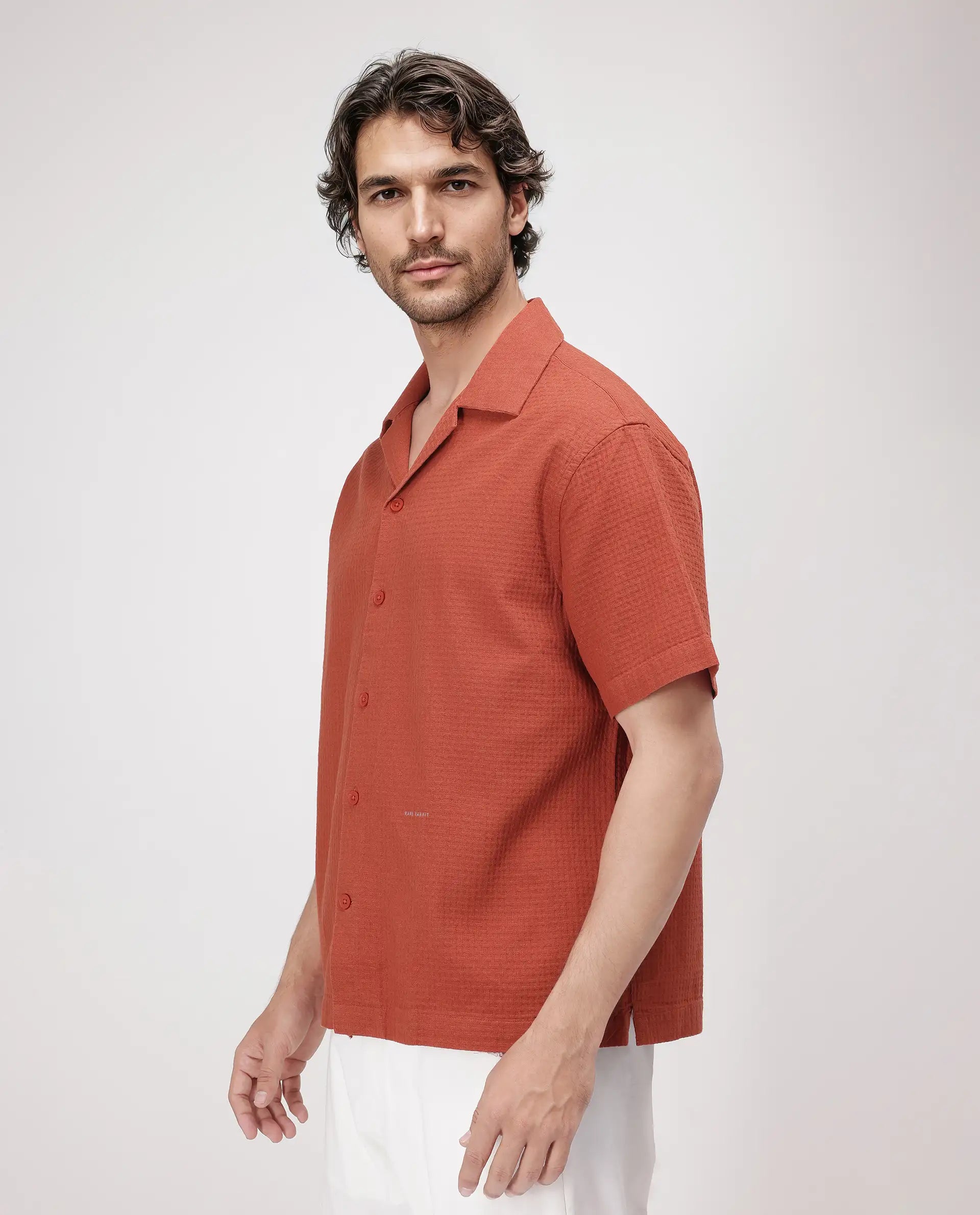 Rare Rabbit Men's Rics Rust Cotton Fabric Short Sleeve Cuban Collar Button Closure Textured Shirt