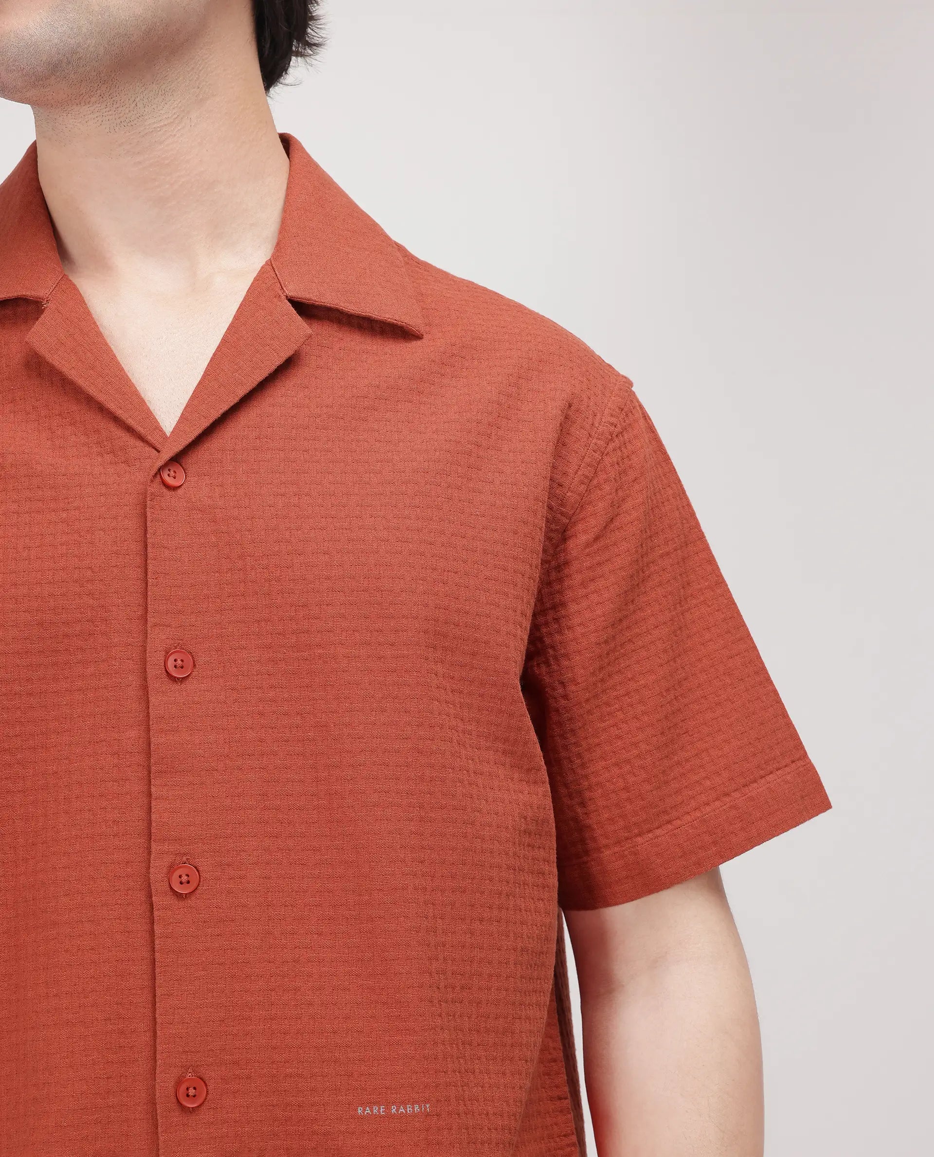Rare Rabbit Men's Rics Rust Cotton Fabric Short Sleeve Cuban Collar Button Closure Textured Shirt