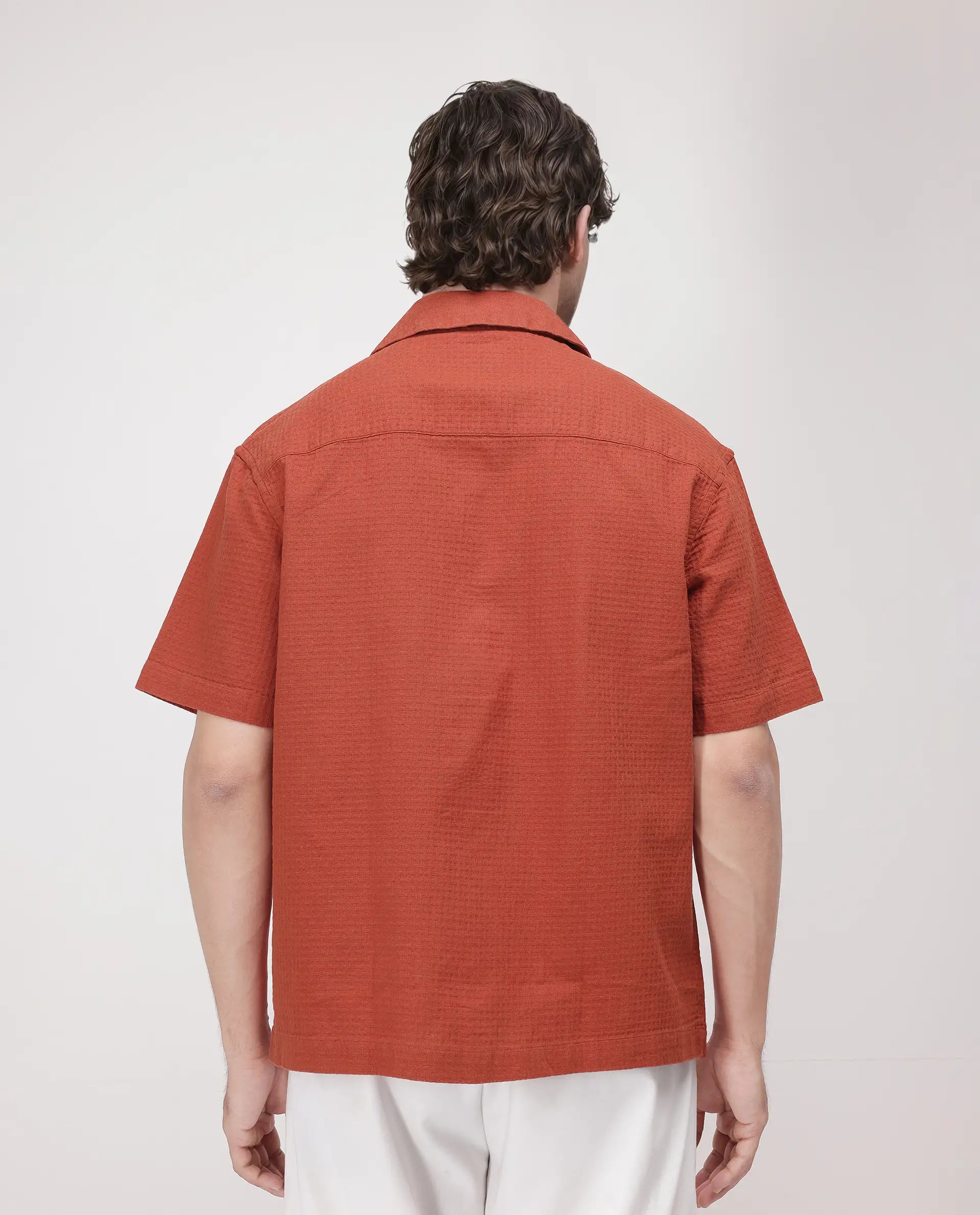 Rare Rabbit Men's Rics Rust Cotton Fabric Short Sleeve Cuban Collar Button Closure Textured Shirt