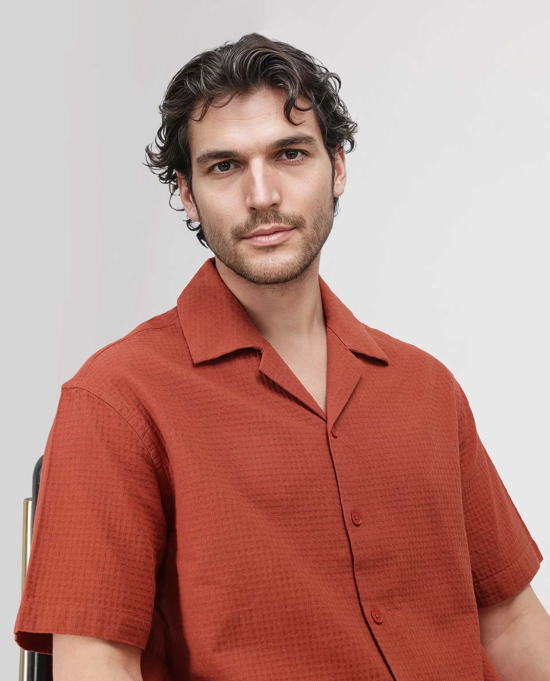 Rare Rabbit Men's Rics Rust Cotton Fabric Short Sleeve Cuban Collar Button Closure Textured Shirt