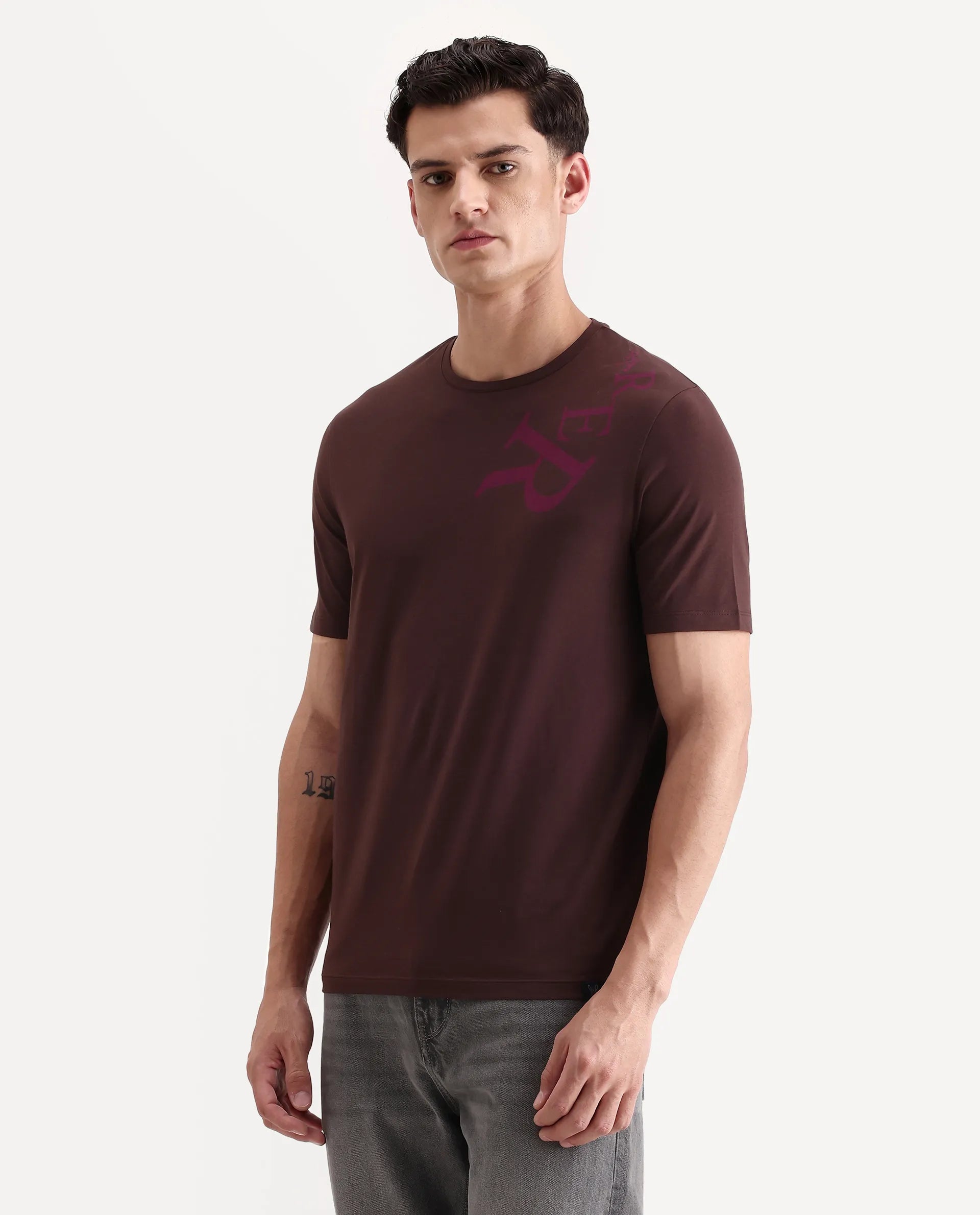 Rare Rabbit Men's Rida Dark Brown Cotton Blend Fabric Crew Neck Regular Graphic Print T-Shirt