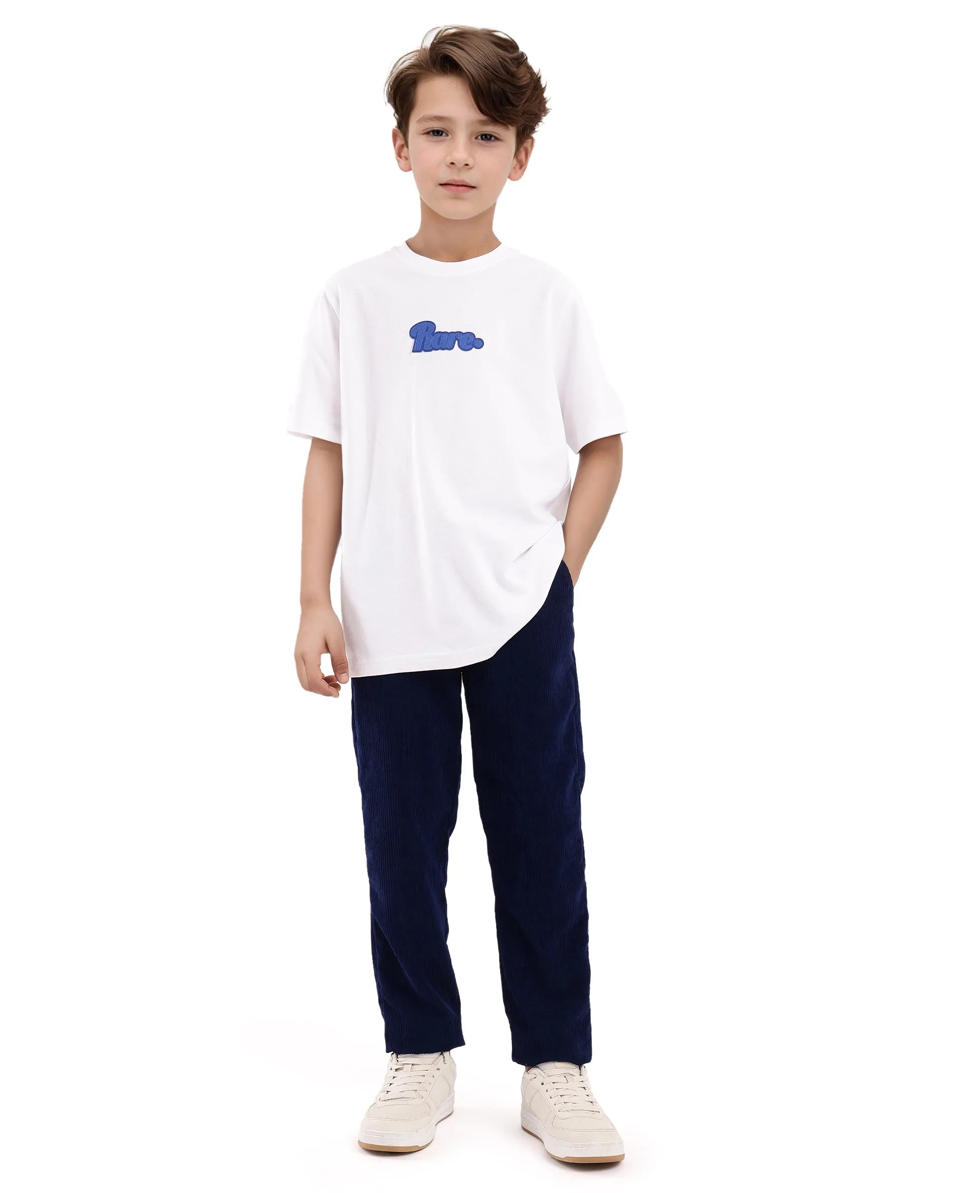 Rare Ones Kids Ride White Cotton Half Sleeves Crew Neck Oversized Fit Towel Embroidery T-Shirt