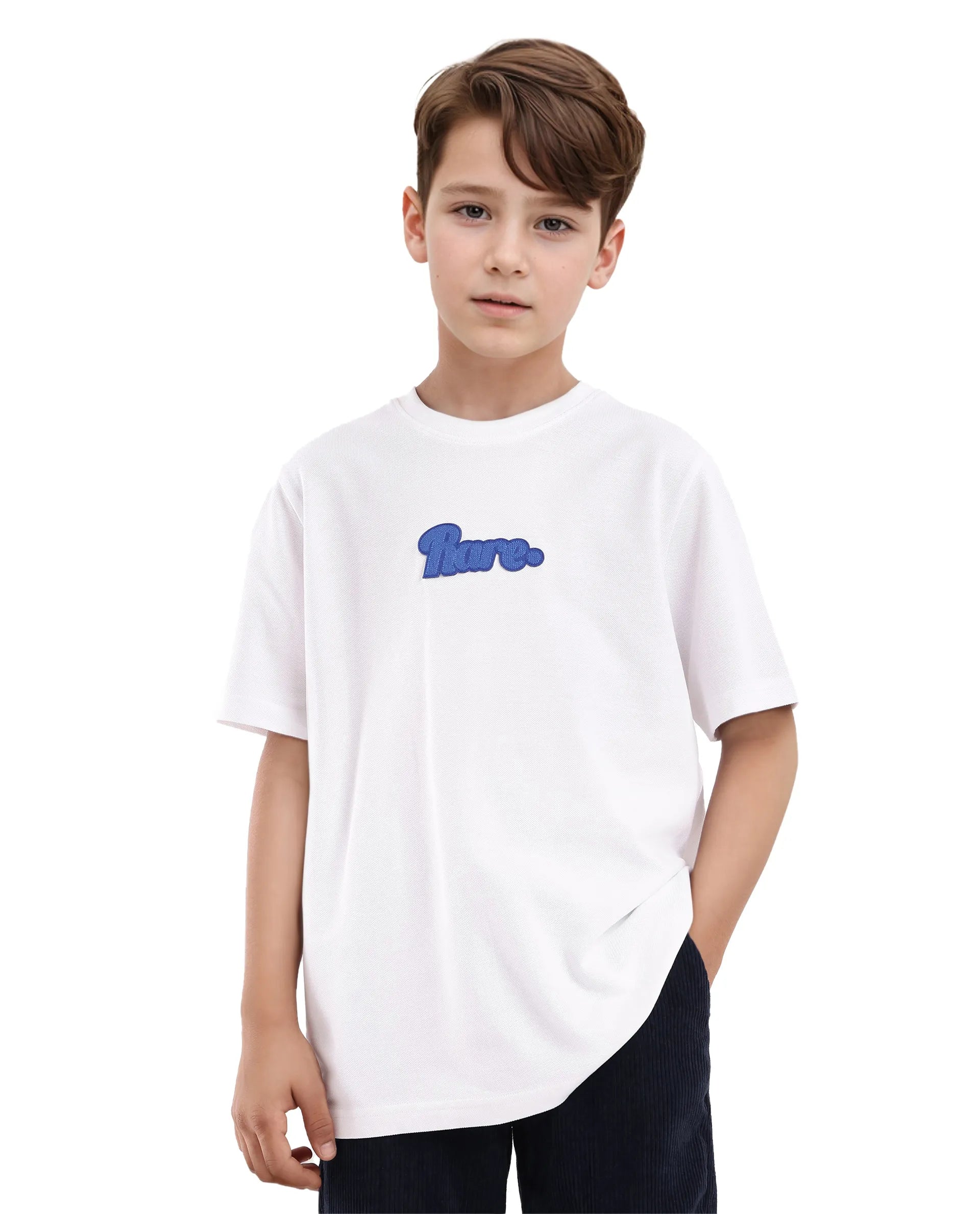 Rare Ones Kids Ride White Cotton Half Sleeves Crew Neck Oversized Fit Towel Embroidery T-Shirt