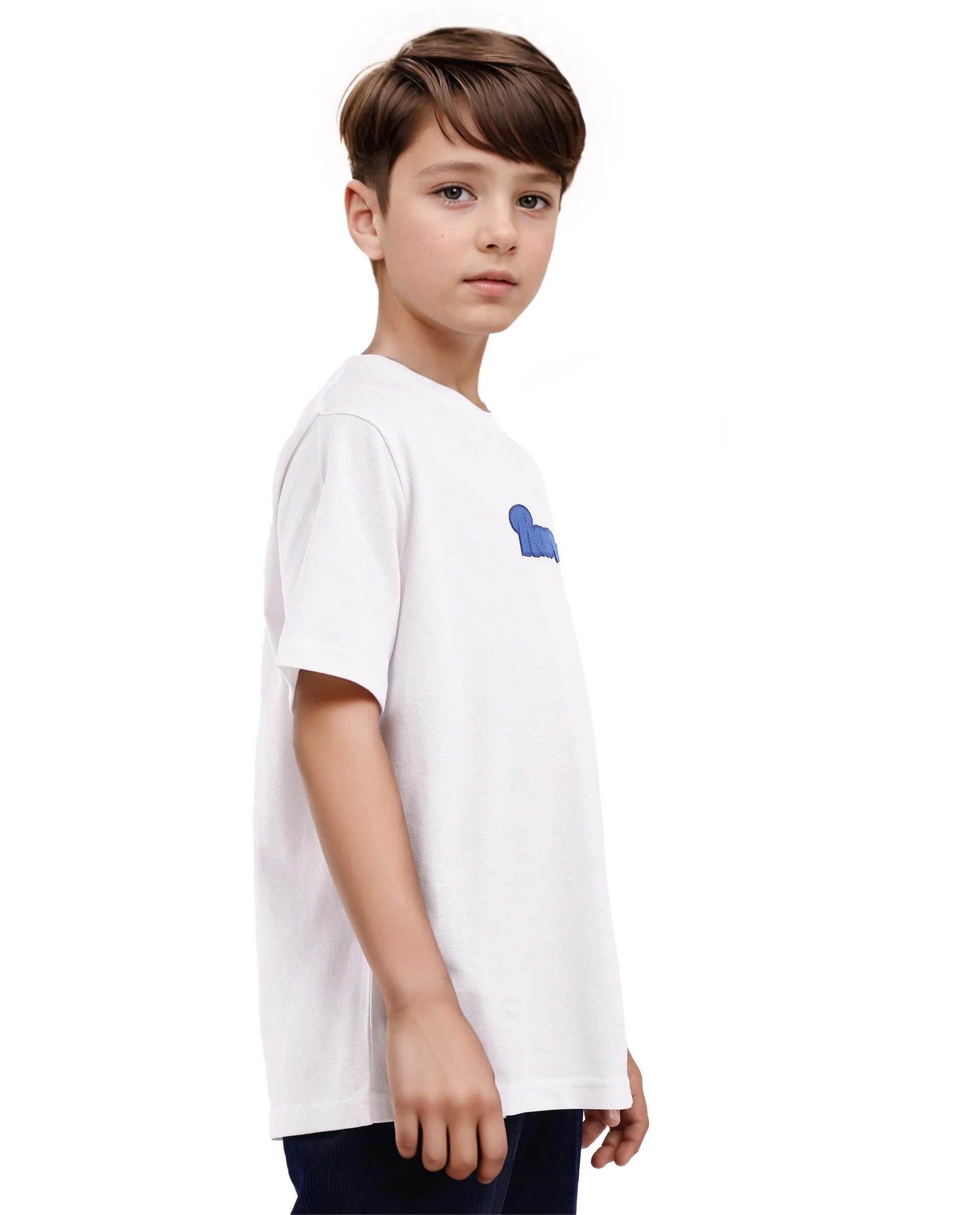 Rare Ones Kids Ride White Cotton Half Sleeves Crew Neck Oversized Fit Towel Embroidery T-Shirt