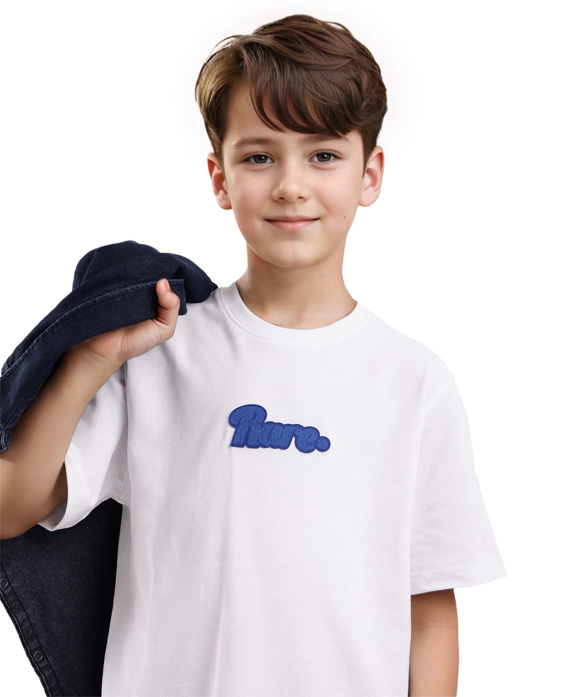 Rare Ones Kids Ride White Cotton Half Sleeves Crew Neck Oversized Fit Towel Embroidery T-Shirt
