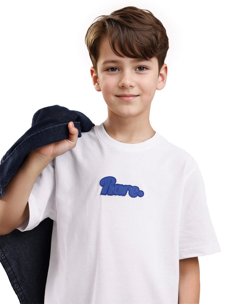 Rare Ones Kids Ride White Cotton Half Sleeves Crew Neck Oversized Fit Towel Embroidery T-Shirt