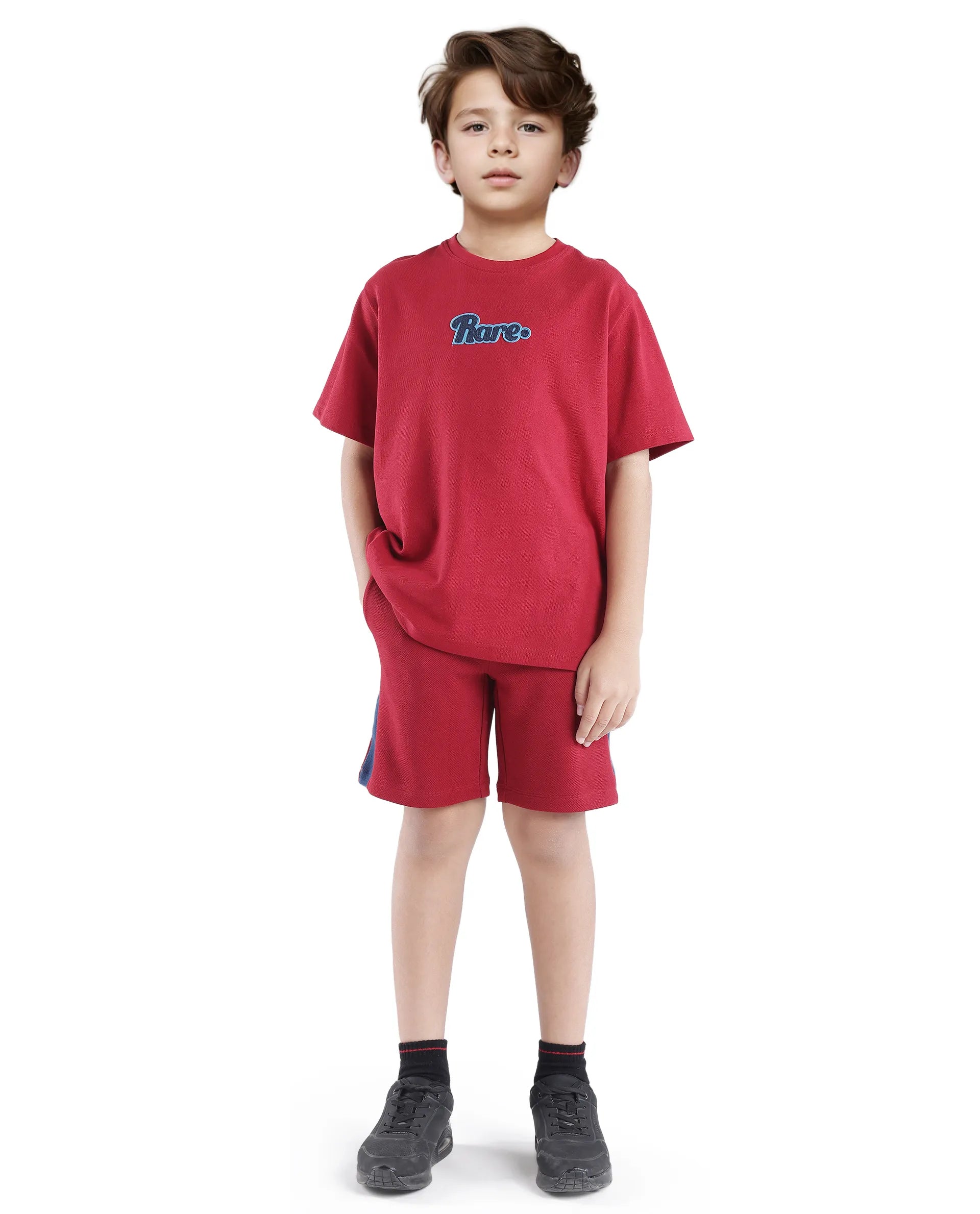 Rare Ones Kids Rider Dark Red Cotton Poly Cut And Sew Shorts