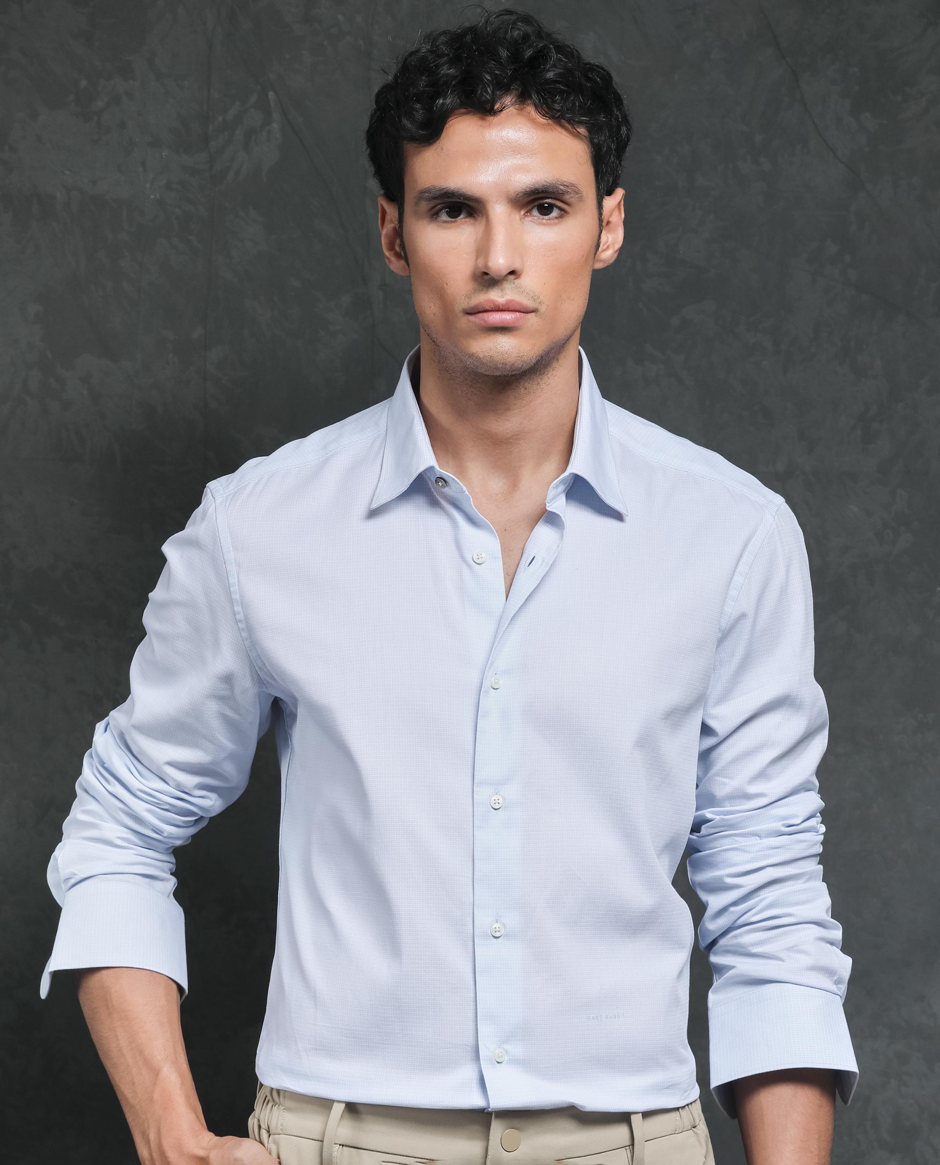 Rare Rabbit Men's Ridge Light Blue Cotton Fabric Full Sleeves Micro Checks Shirt