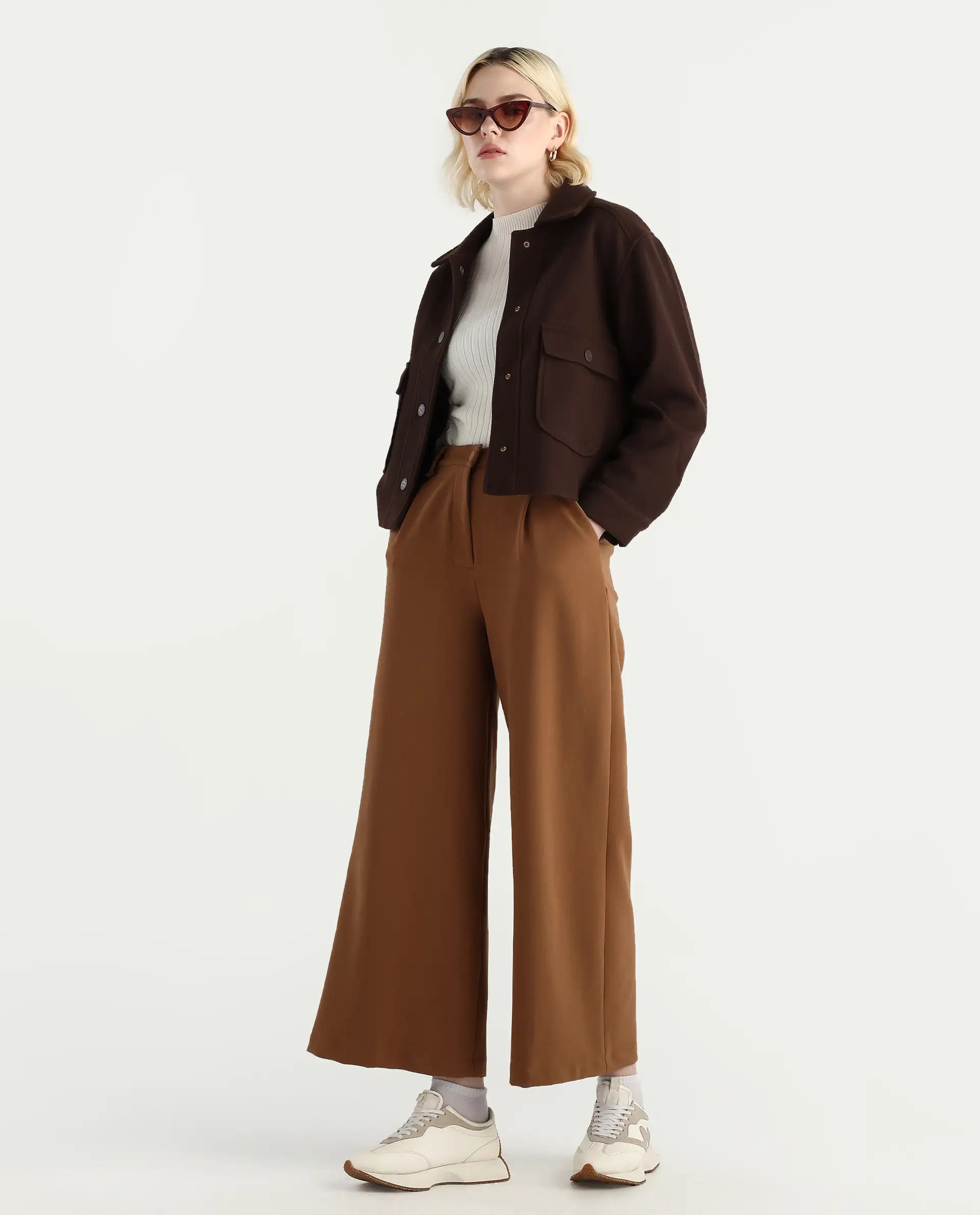 Rareism Women's Riffin Dark Brown Drop Collar Plain Cuffed Sleeve Regular Fit Jacket