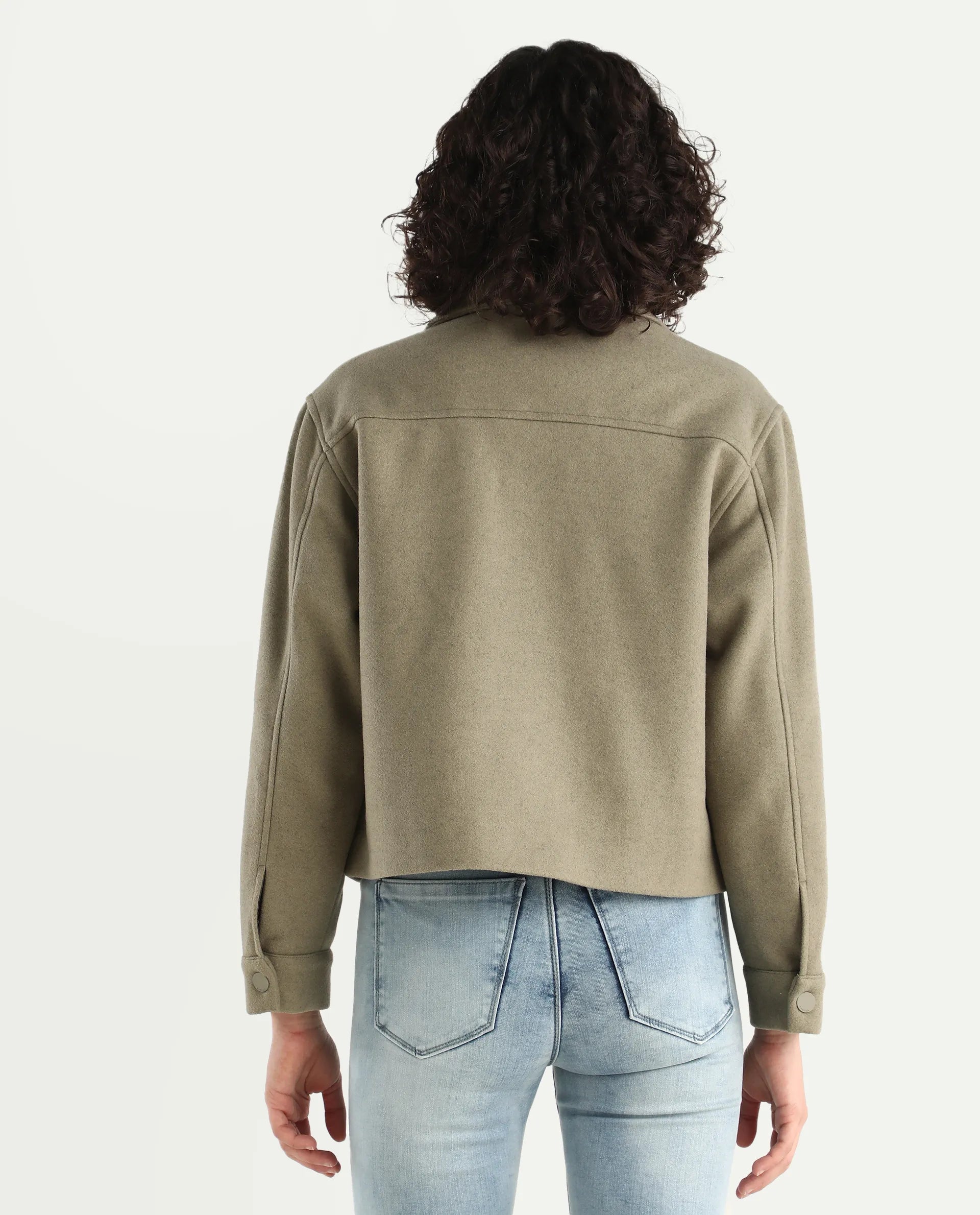 Rareism Women's Riffin Dusky Green Drop Collar Plain Cuffed Sleeve Regular Fit Jacket