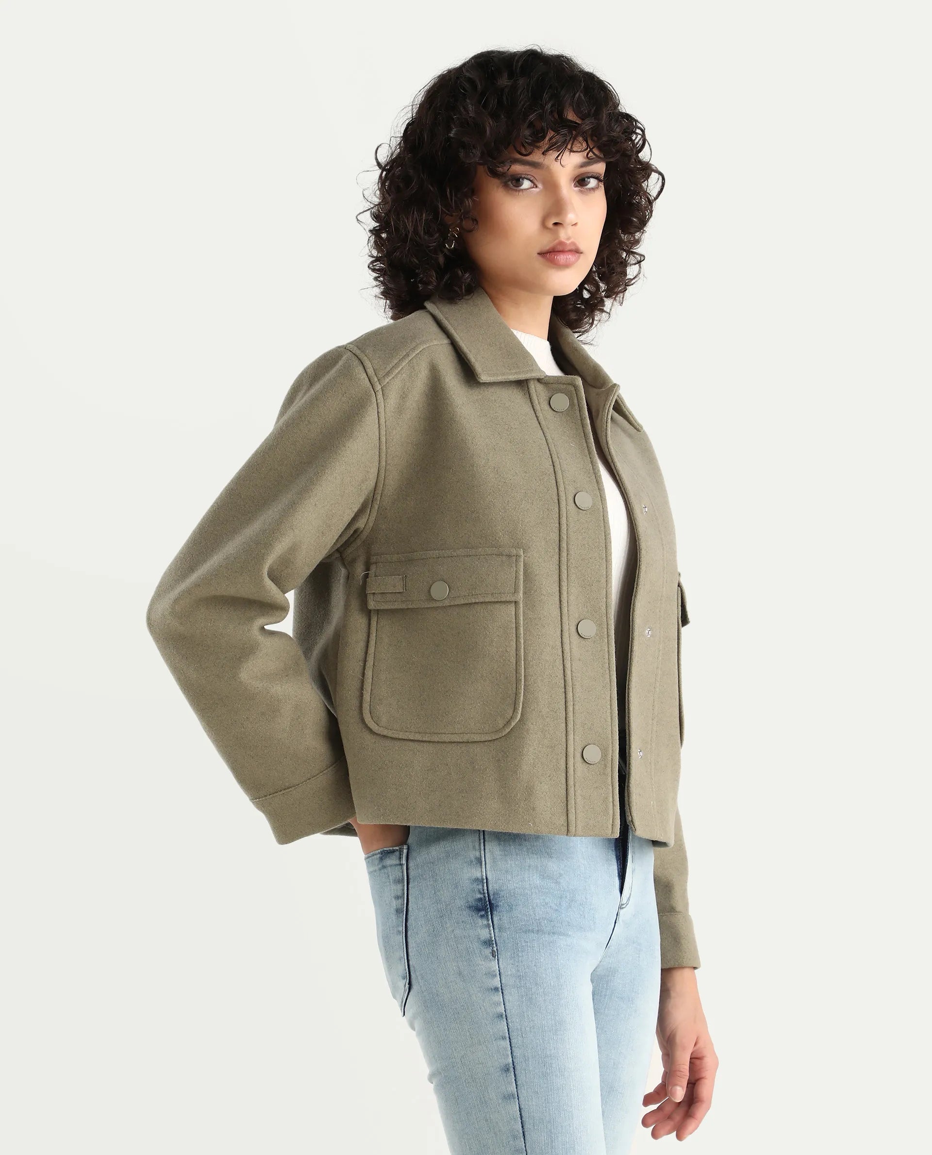 Rareism Women's Riffin Dusky Green Drop Collar Plain Cuffed Sleeve Regular Fit Jacket