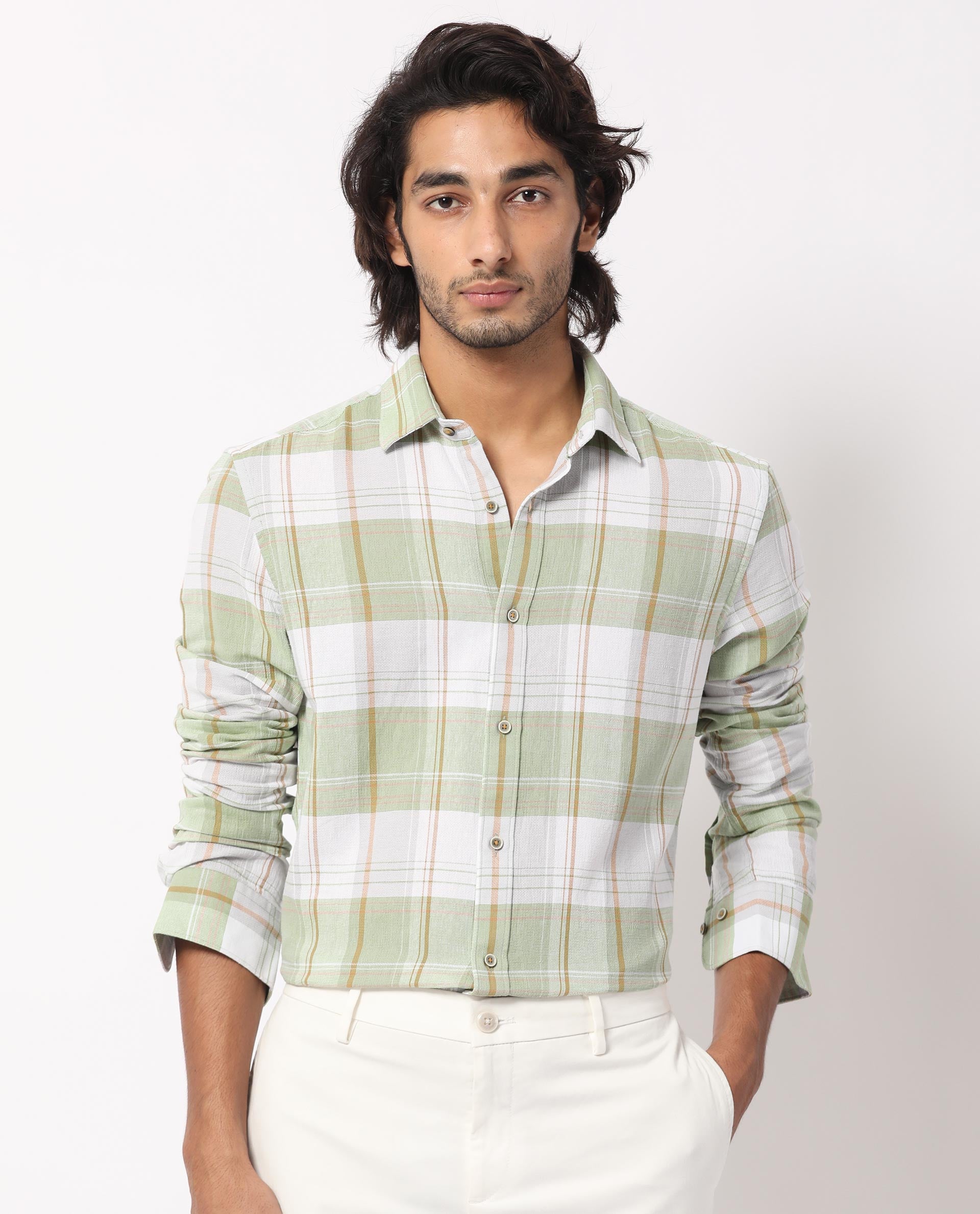 Rare Rabbit Men's Riga Green Cotton Fabric Full Sleeves Checks Shirt