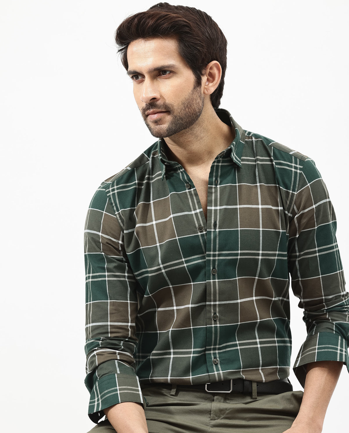 Rare Rabbit Mens Rigan Green Cotton Fabric Full Sleeve Regular Fit Checks Shirt