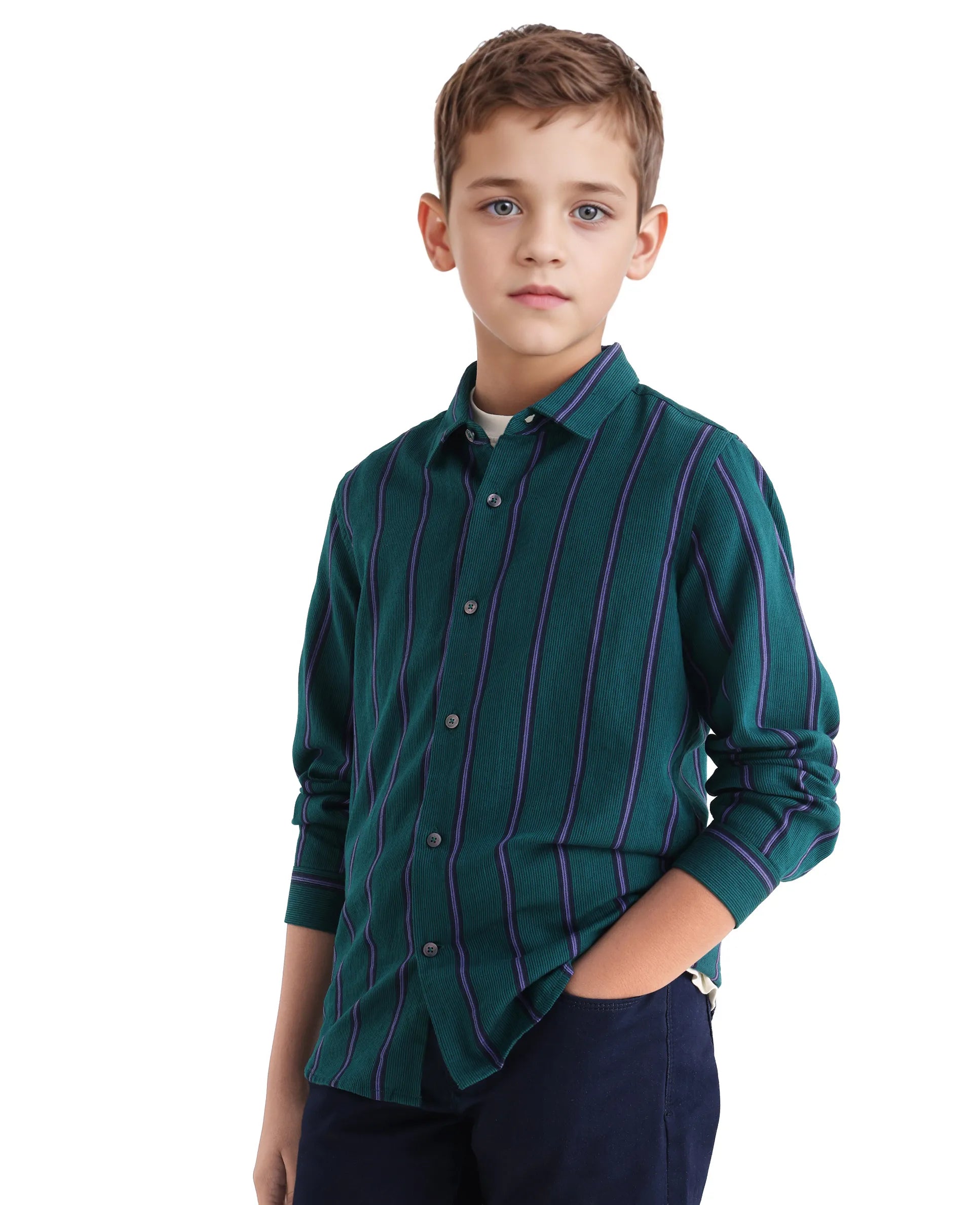 Rare Ones Kids Rigg Dark Teal Cotton Striped Button Closure Regular Fit Shirt