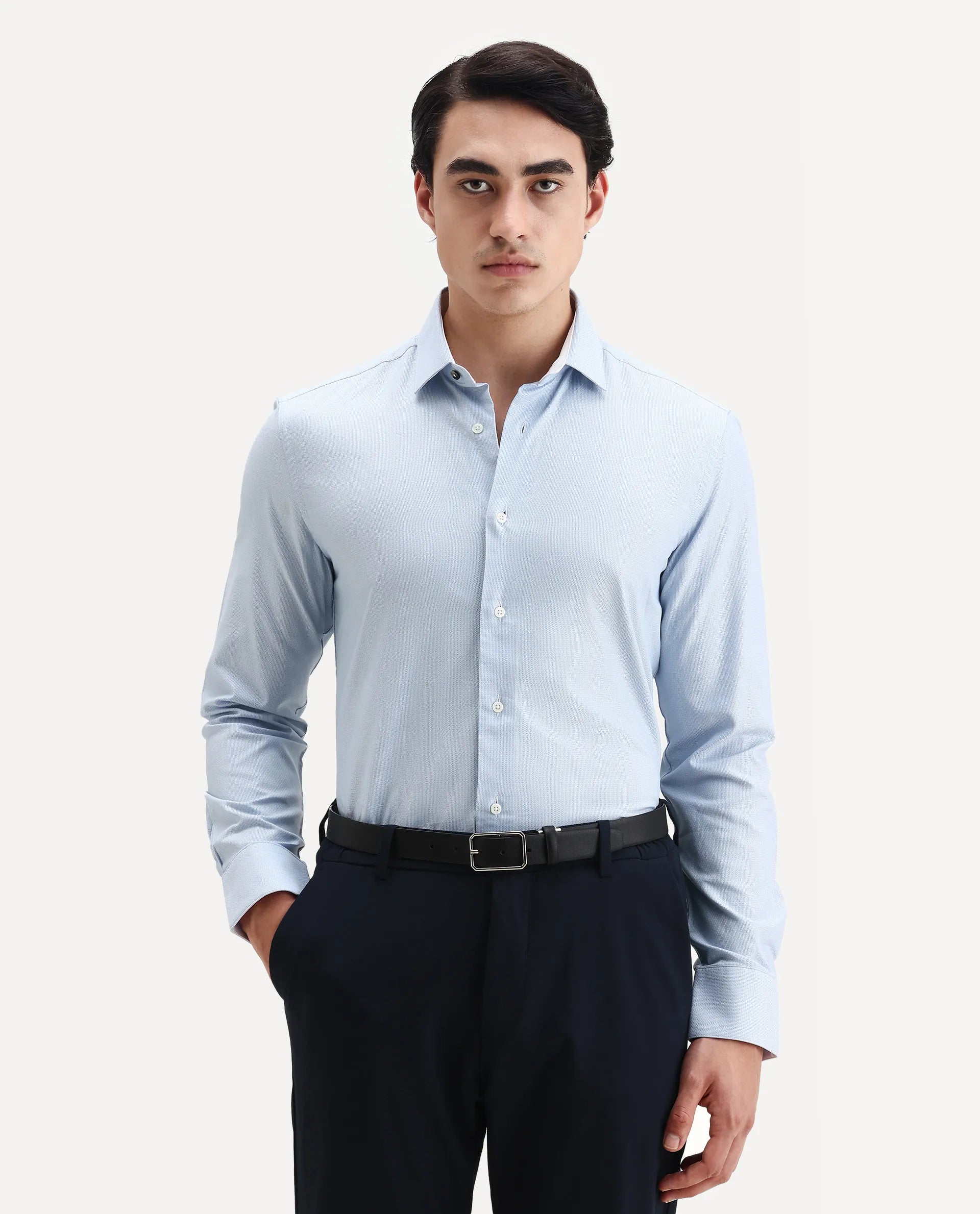 Rare Rabbit Men's Rigor Pastel Blue Cotton Textured Regular Fit Full Sleeve Collared Shirt