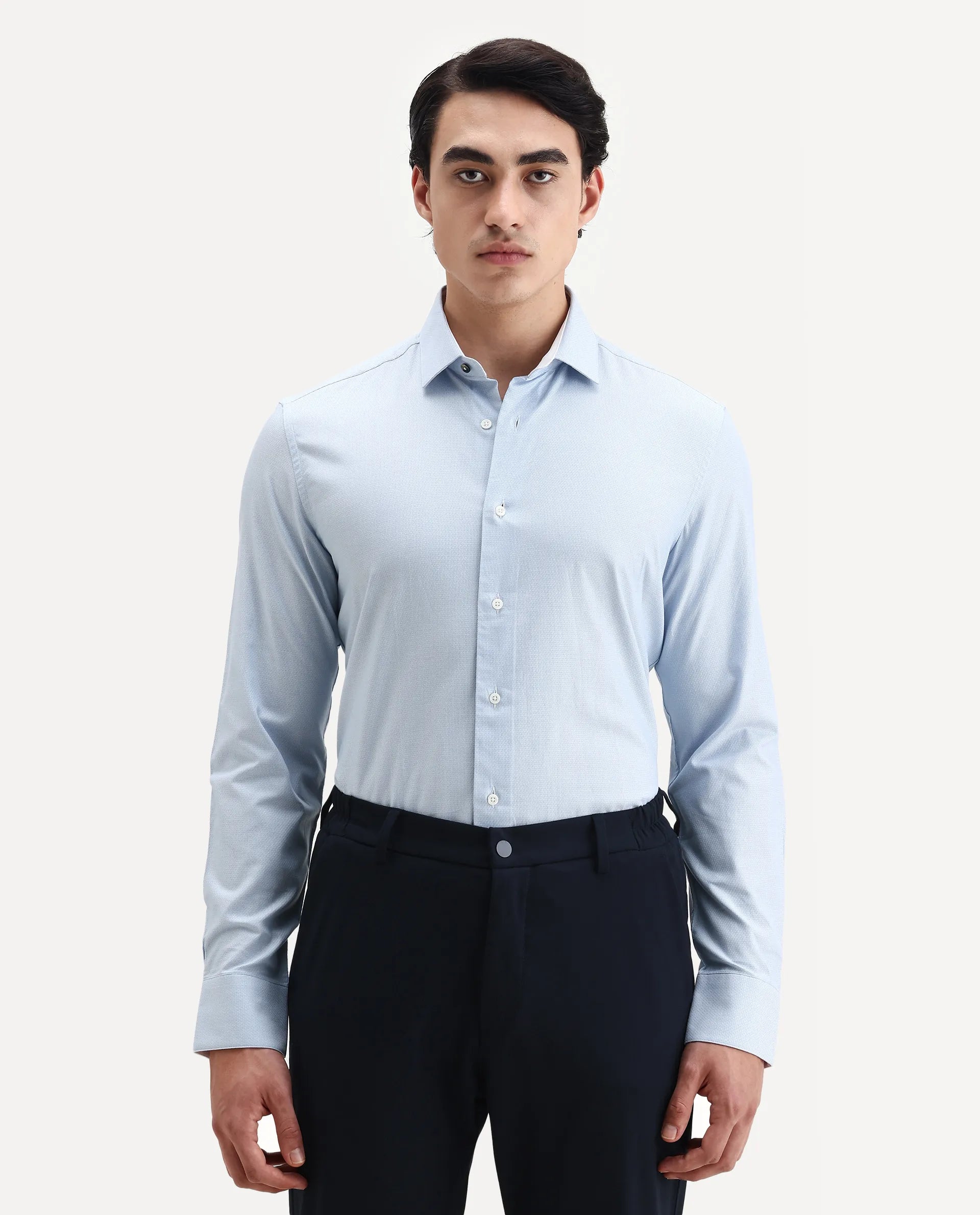 Rare Rabbit Men's Rigor Pastel Blue Cotton Textured Regular Fit Full Sleeve Collared Shirt