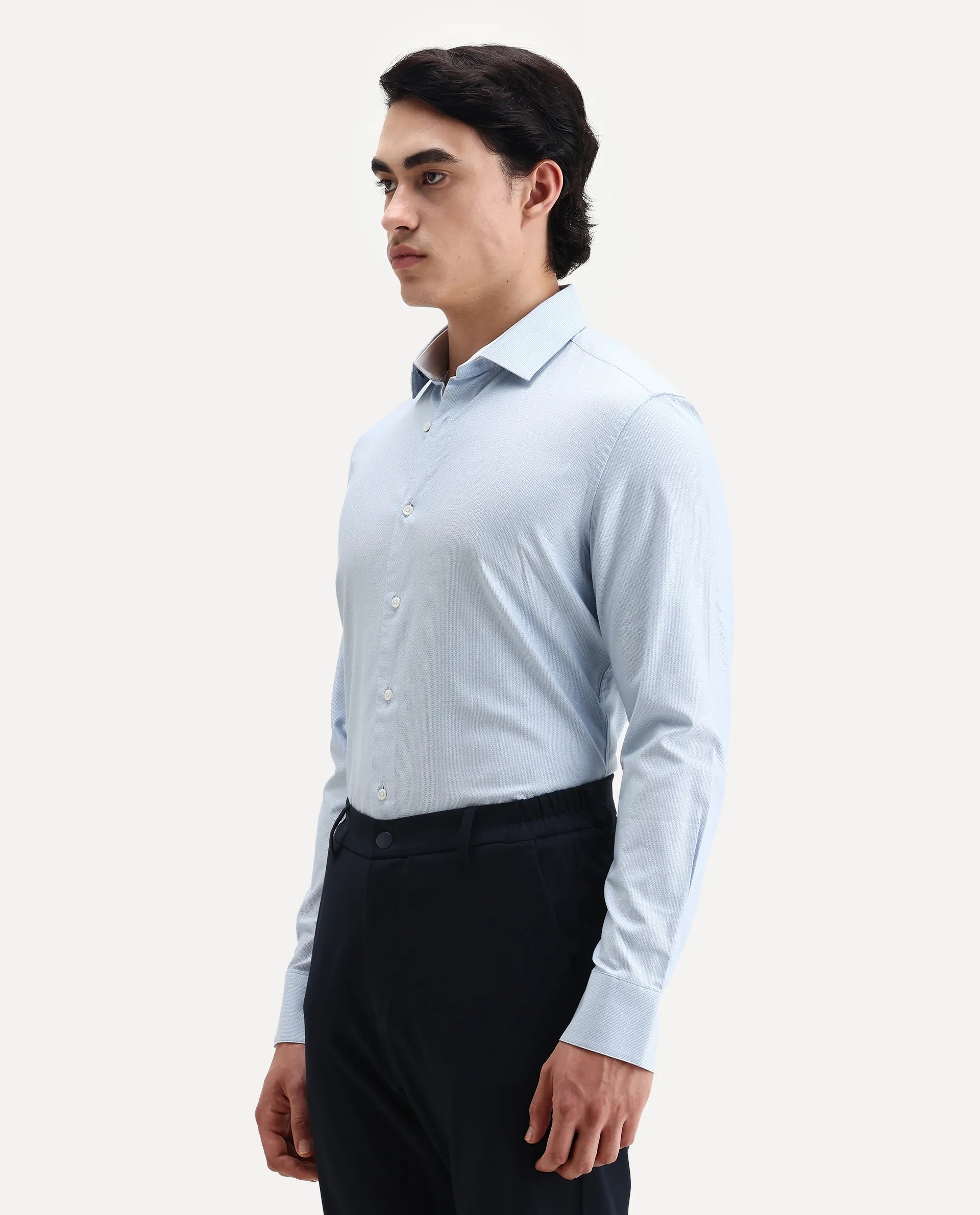 Rare Rabbit Men's Rigor Pastel Blue Cotton Textured Regular Fit Full Sleeve Collared Shirt