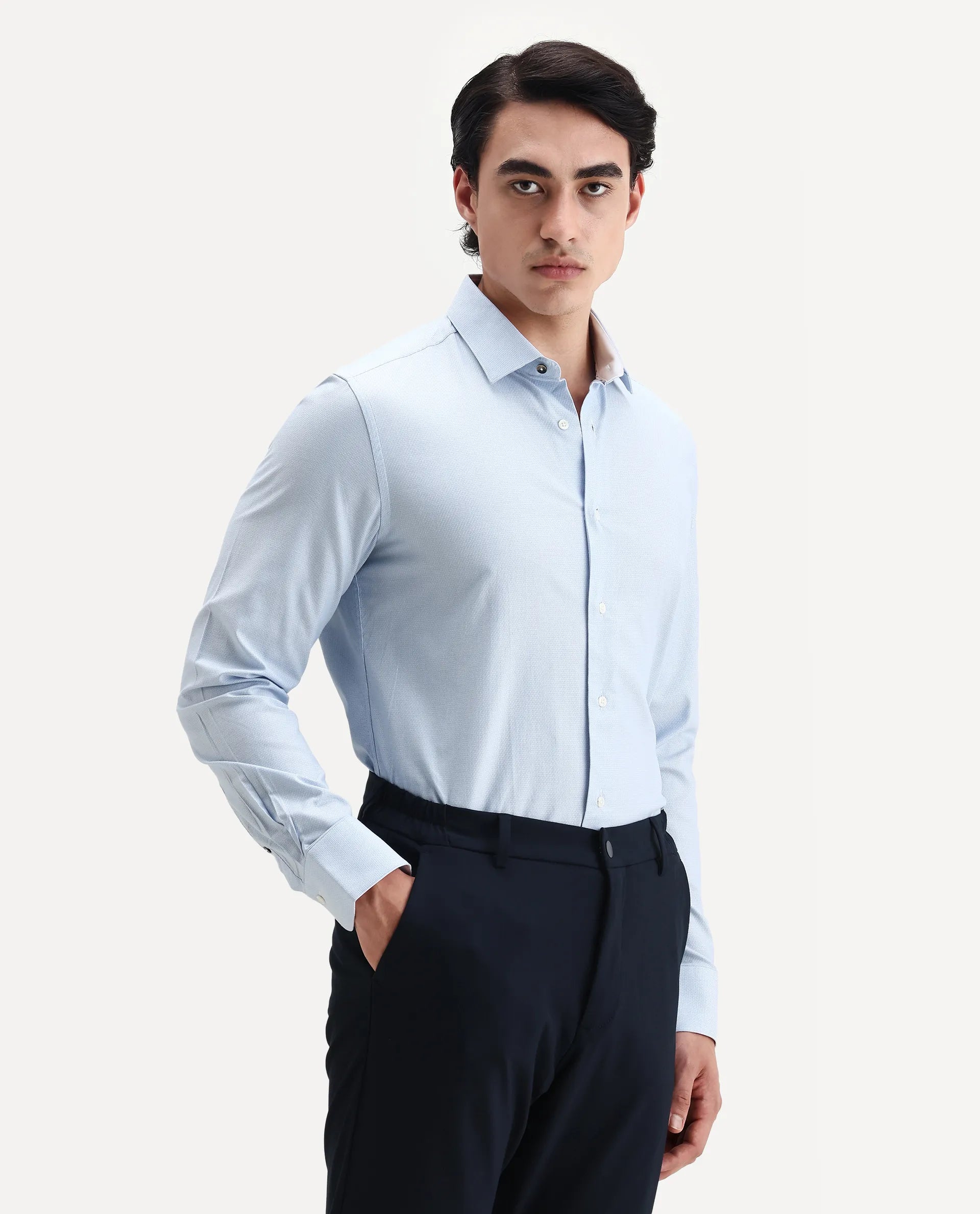 Rare Rabbit Men's Rigor Pastel Blue Cotton Textured Regular Fit Full Sleeve Collared Shirt