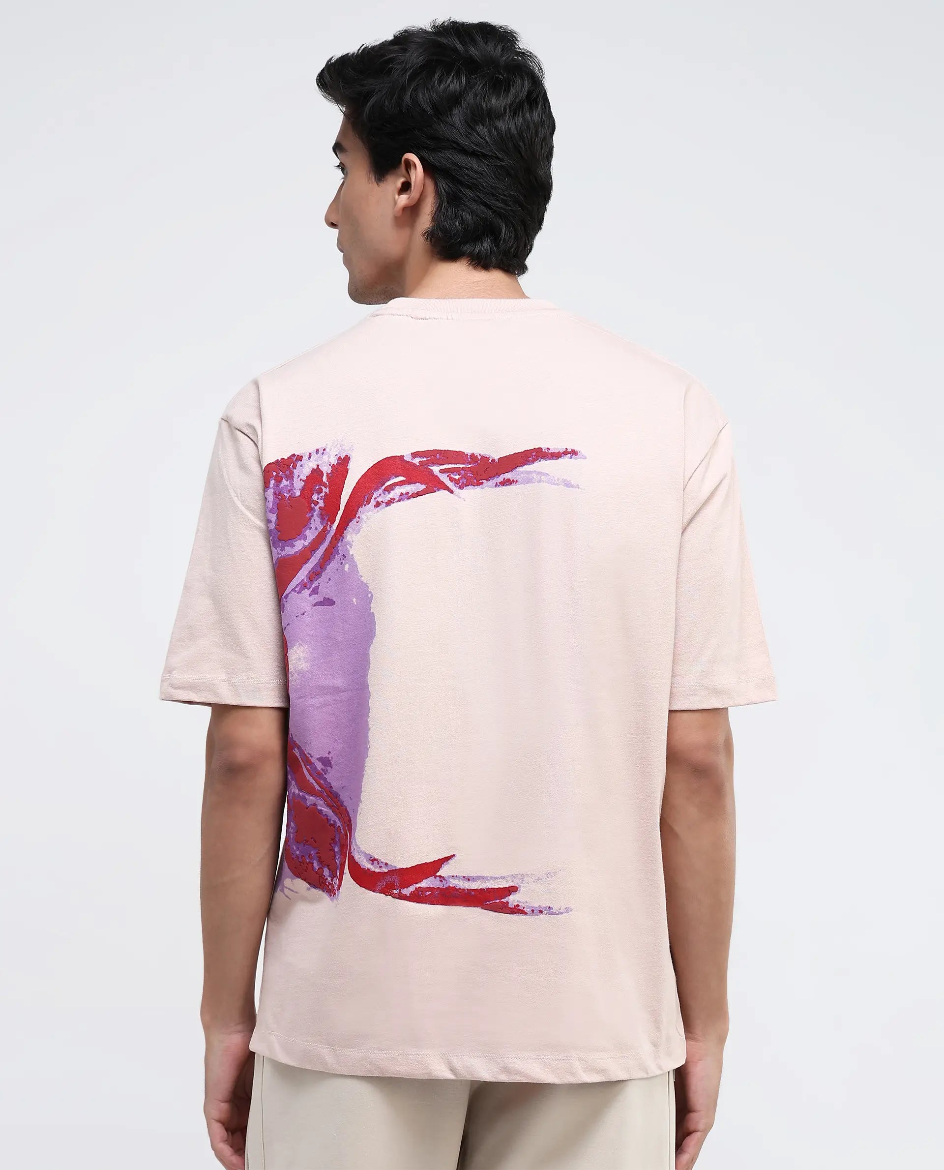 Rare Rabbit Men Rigy Pastel Pink Short Sleeve Crew Neck Oversized Fit Graphic Back Print T-Shirt