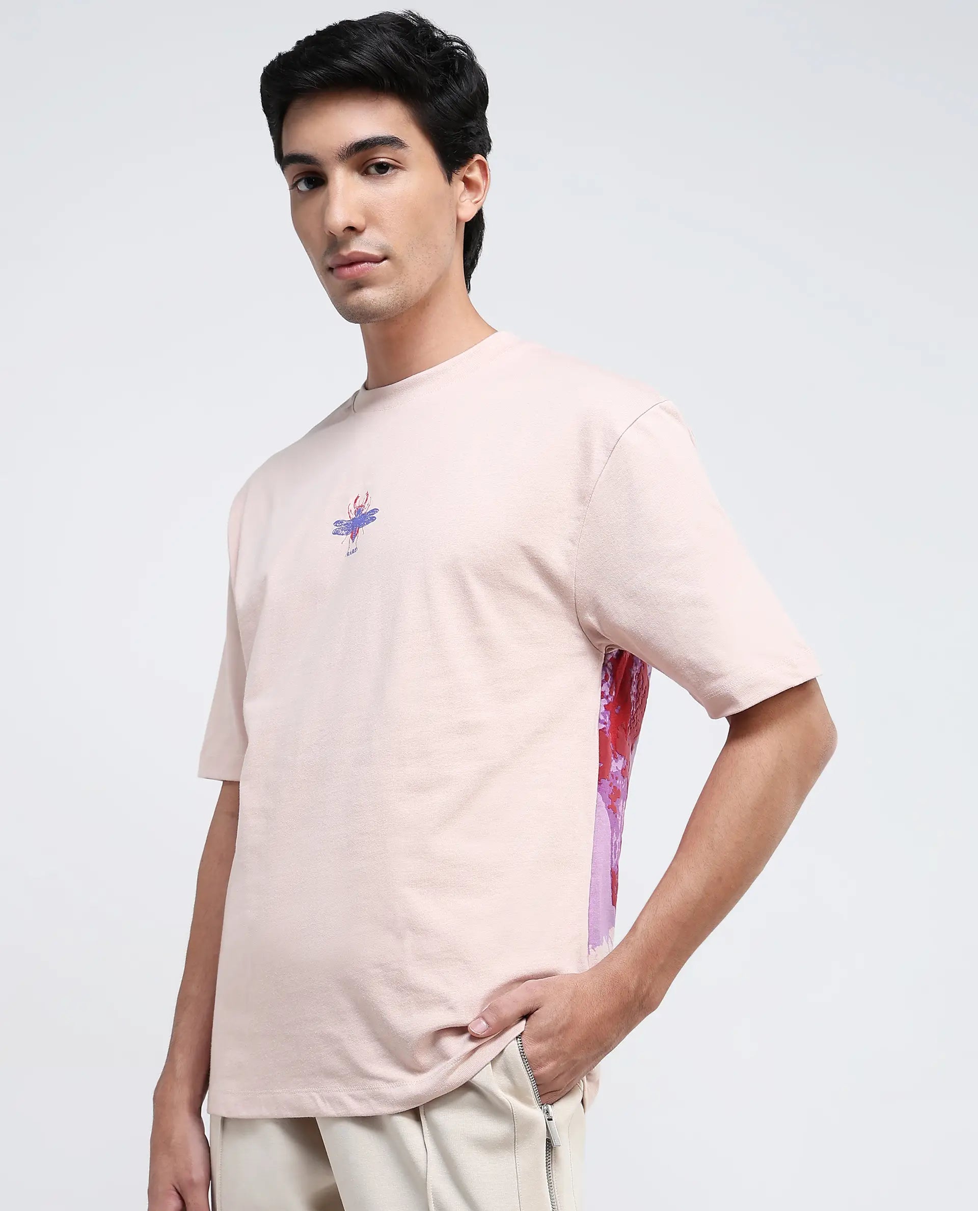 Rare Rabbit Men Rigy Pastel Pink Short Sleeve Crew Neck Oversized Fit Graphic Back Print T-Shirt