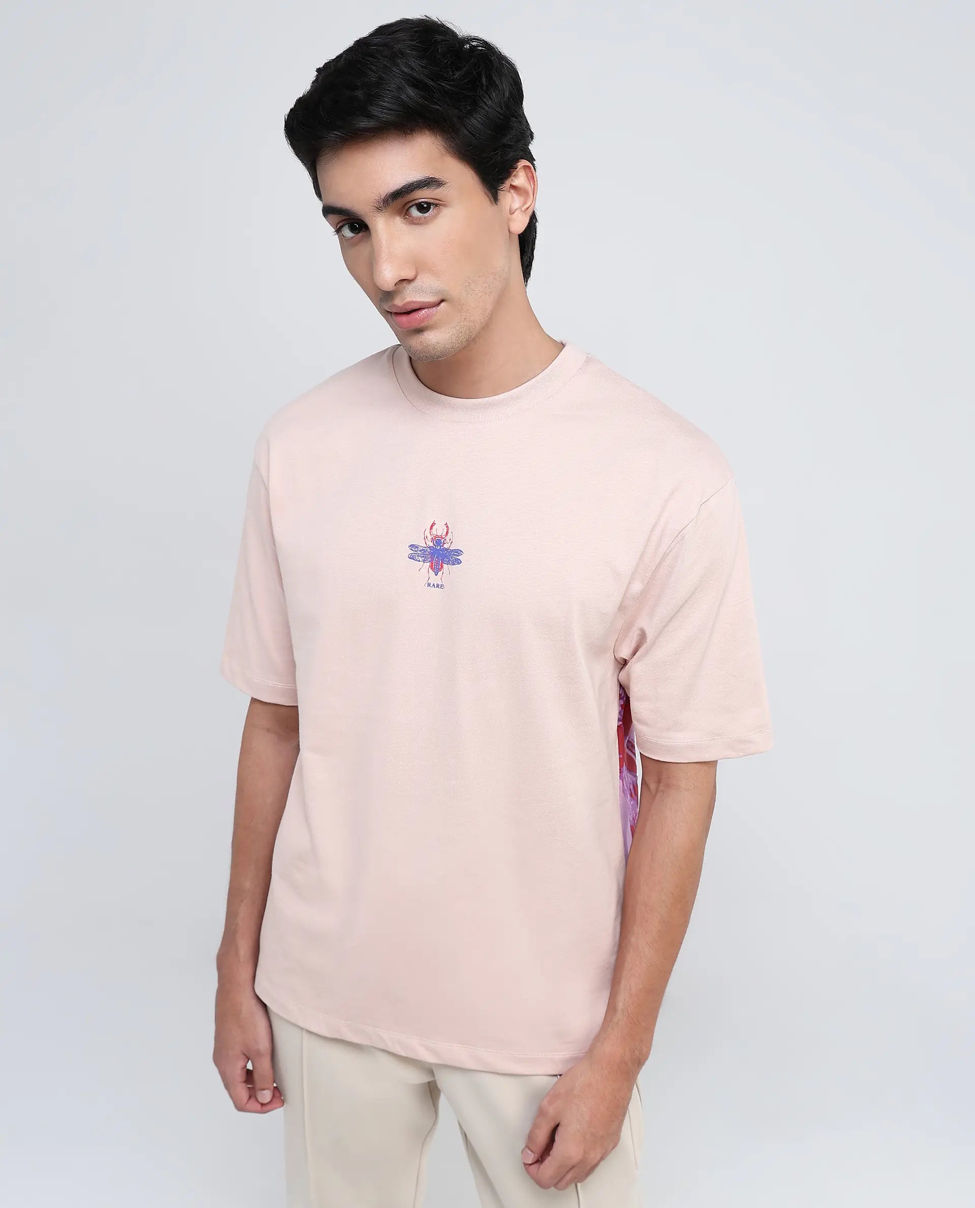 Rare Rabbit Men Rigy Pastel Pink Short Sleeve Crew Neck Oversized Fit Graphic Back Print T-Shirt