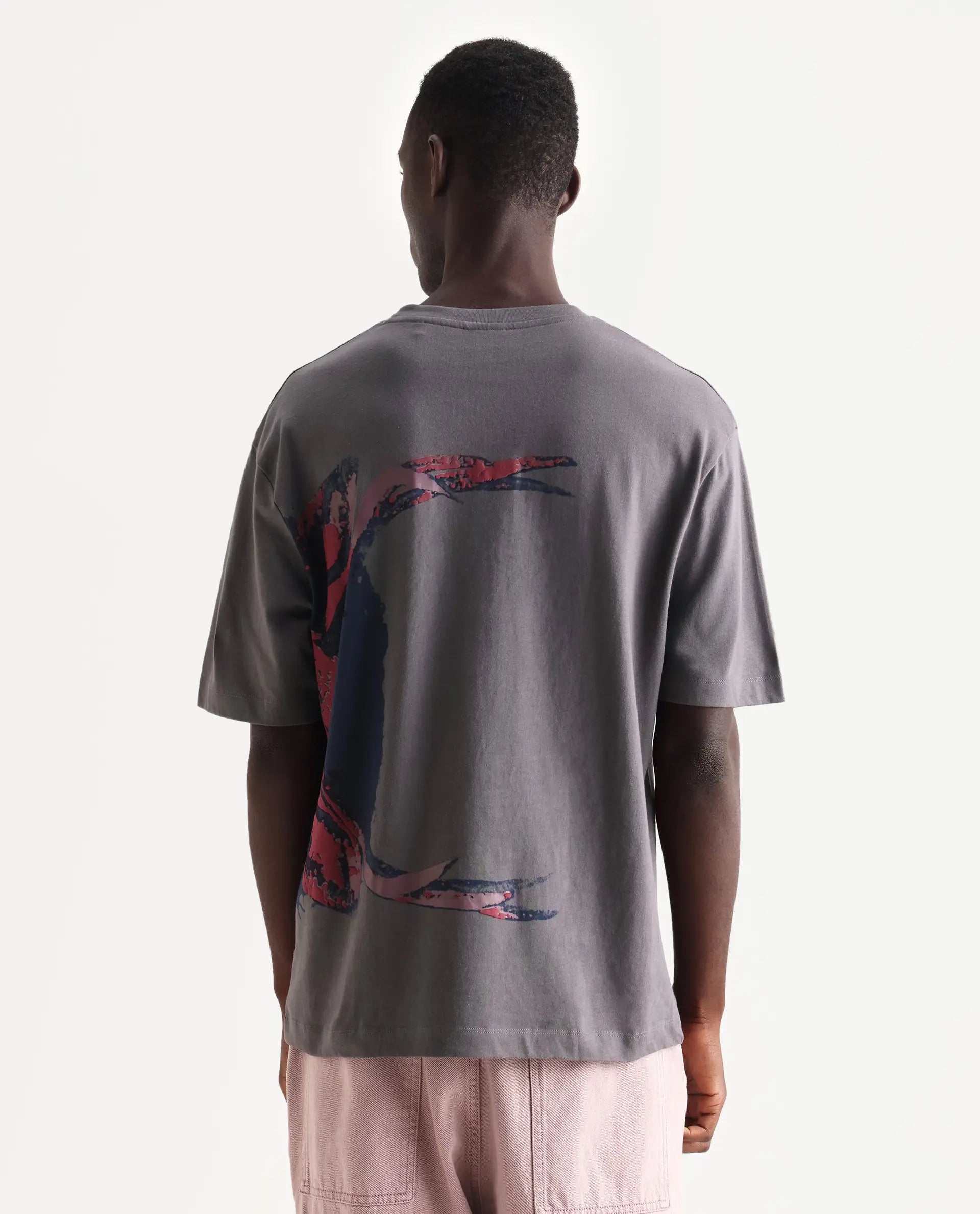 Rare Rabbit Men's Rigy Dark Grey Cotton Graphic Print Oversized Fit Half Sleeve Crew Neck T-Shirt