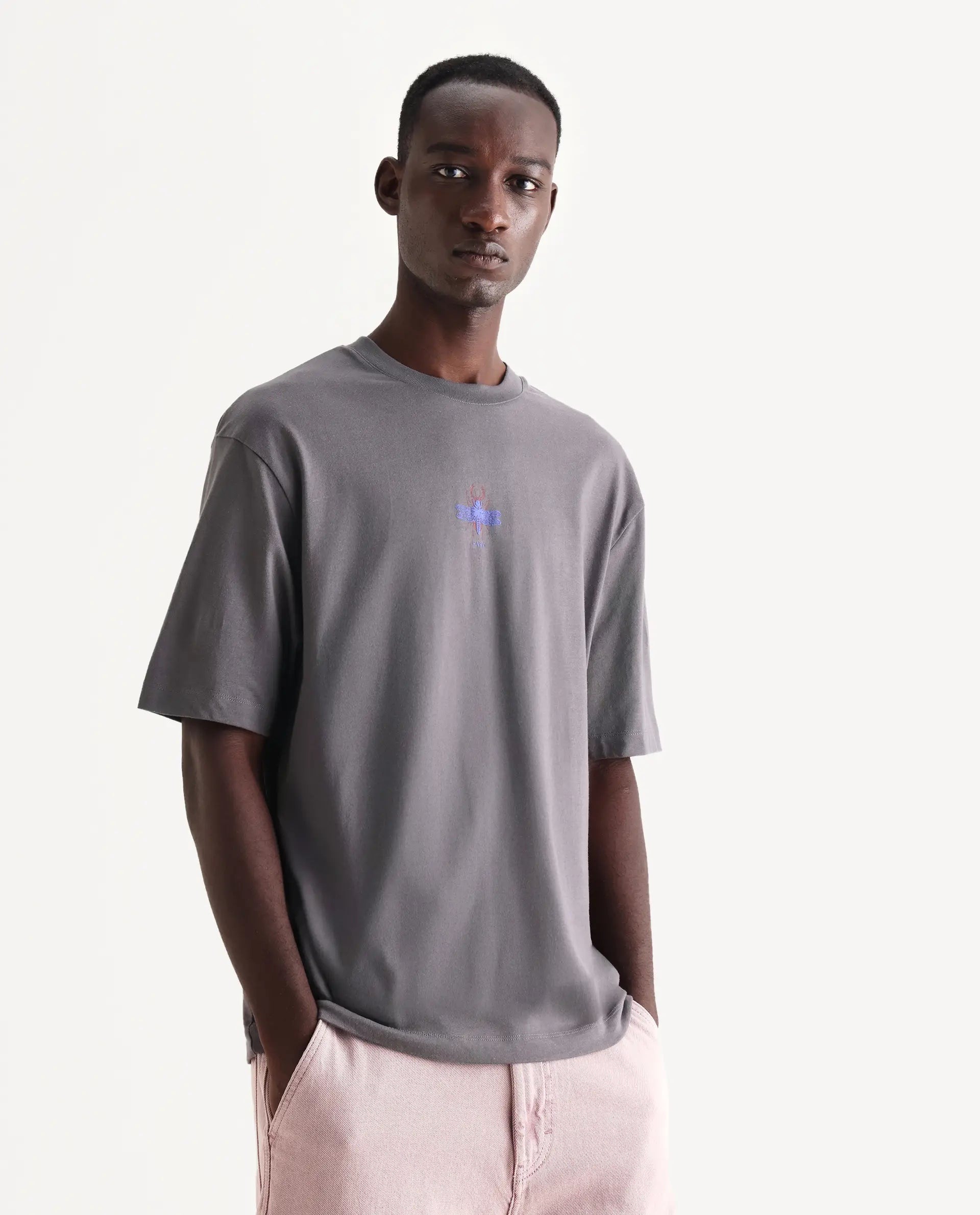 Rare Rabbit Men's Rigy Dark Grey Cotton Graphic Print Oversized Fit Half Sleeve Crew Neck T-Shirt