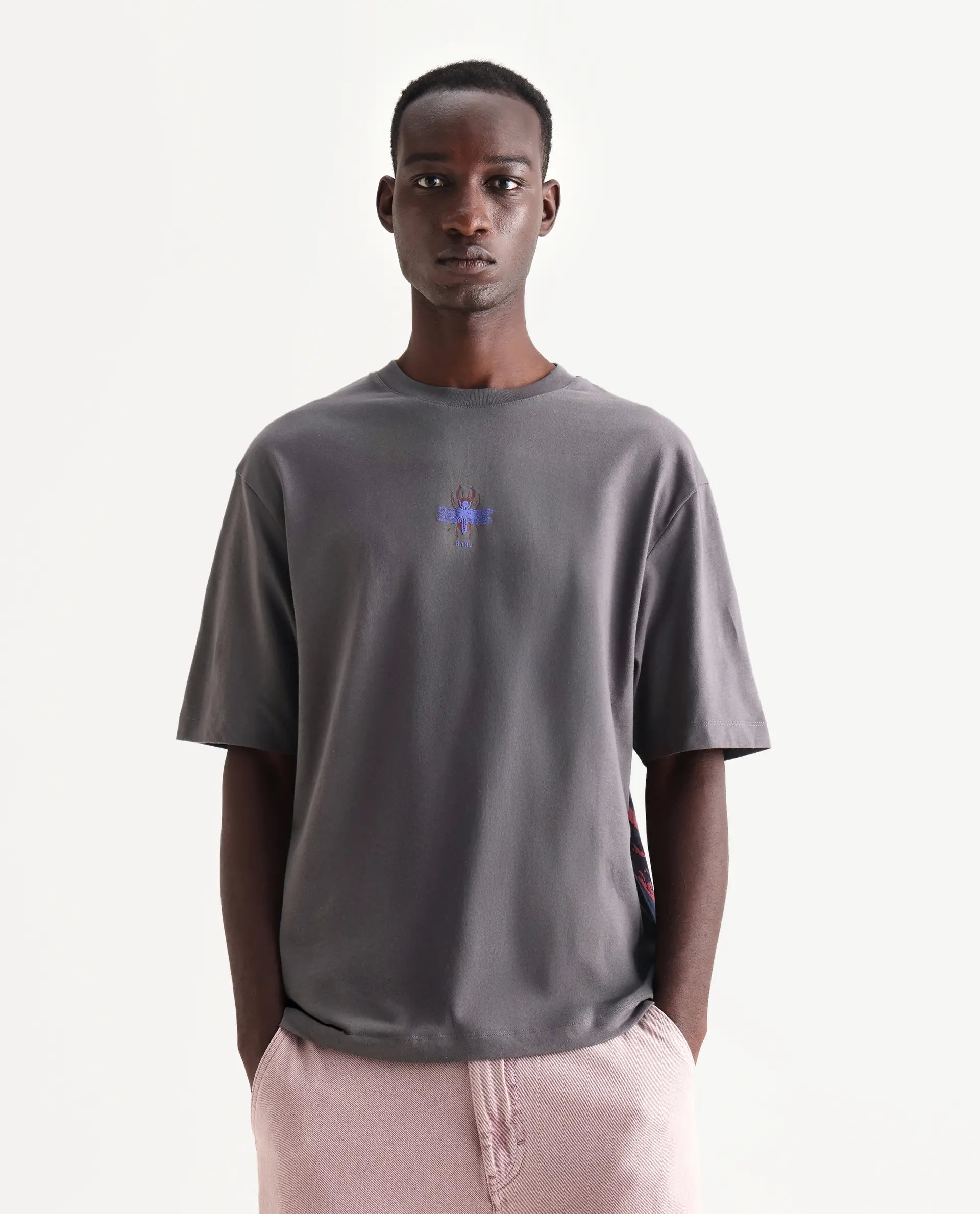 Rare Rabbit Men's Rigy Dark Grey Cotton Graphic Print Oversized Fit Half Sleeve Crew Neck T-Shirt