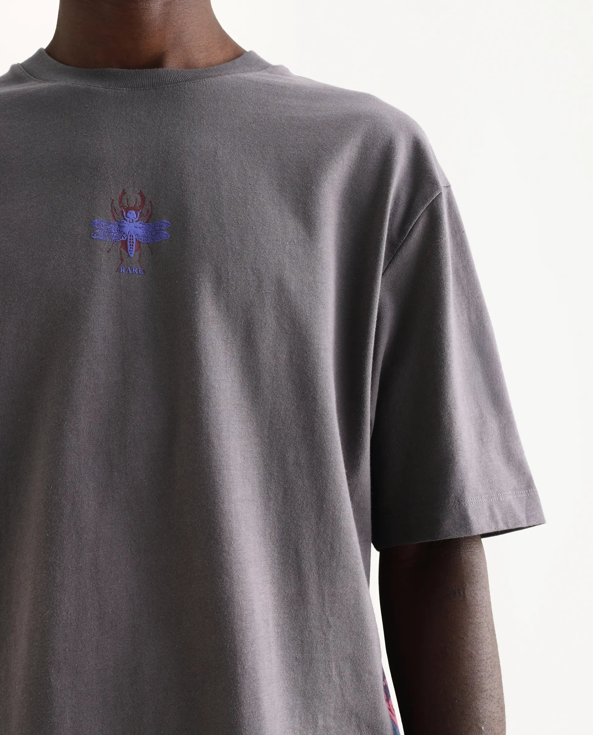 Rare Rabbit Men's Rigy Dark Grey Cotton Graphic Print Oversized Fit Half Sleeve Crew Neck T-Shirt