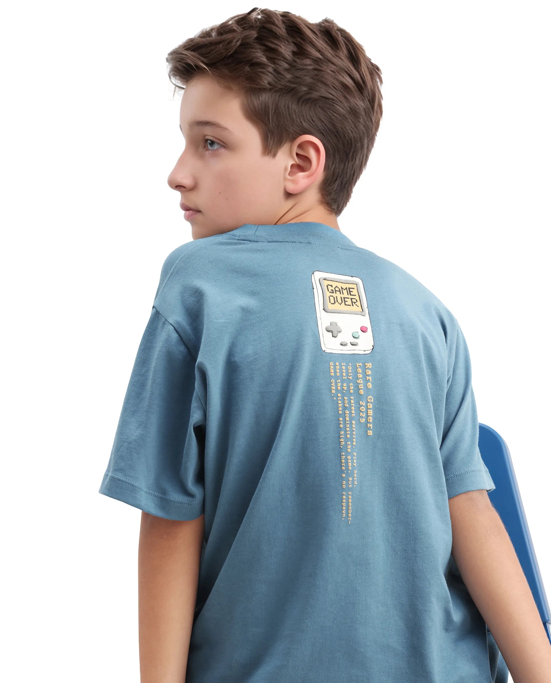 Rare Ones Kids Riho Dusky Blue Cotton Puff Print Regular Fit T-Shirt