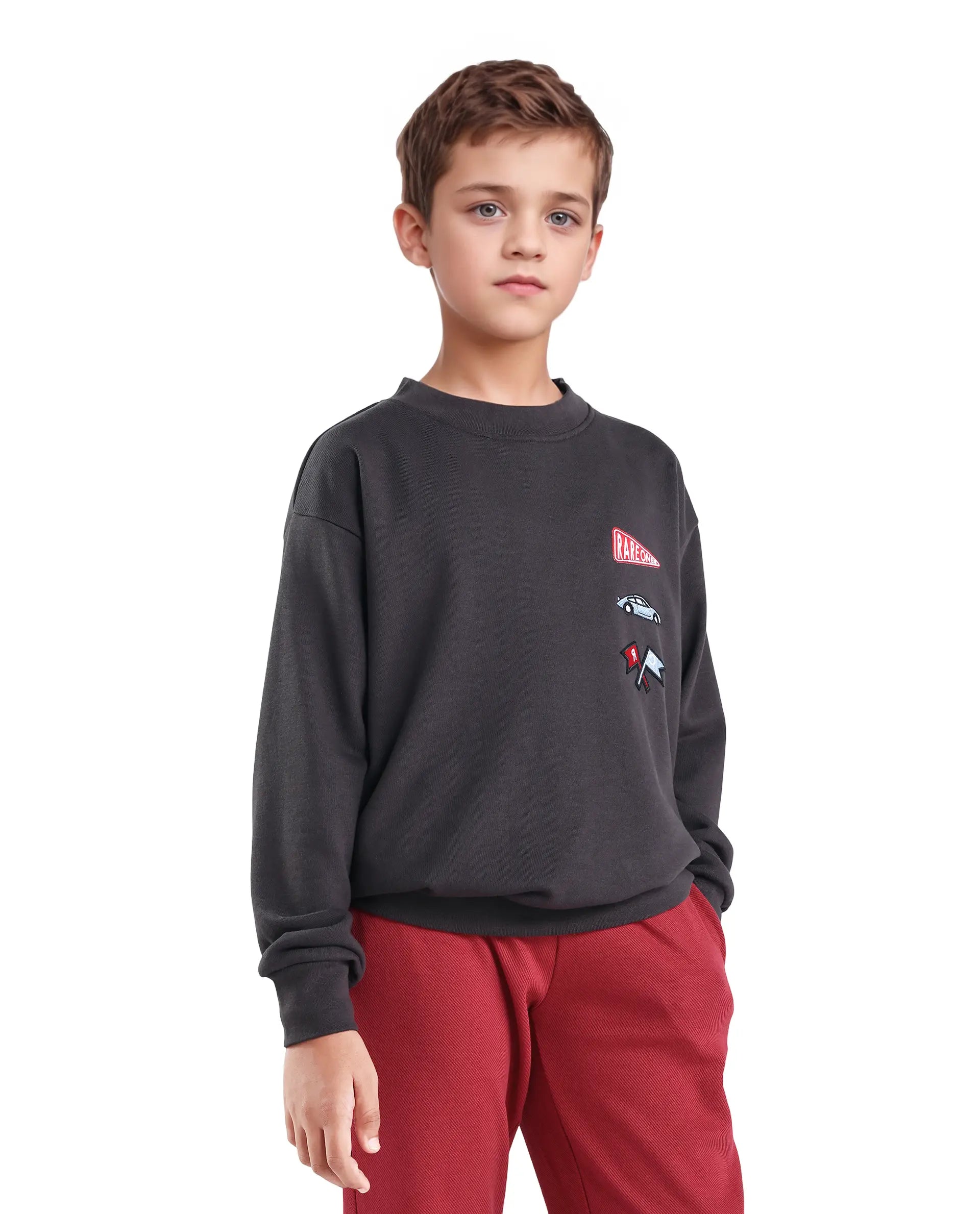 Rare Ones Kids Riker Dark Grey Cotton Pull On Crew Neck Full Sleeves Fit Sweatshirt