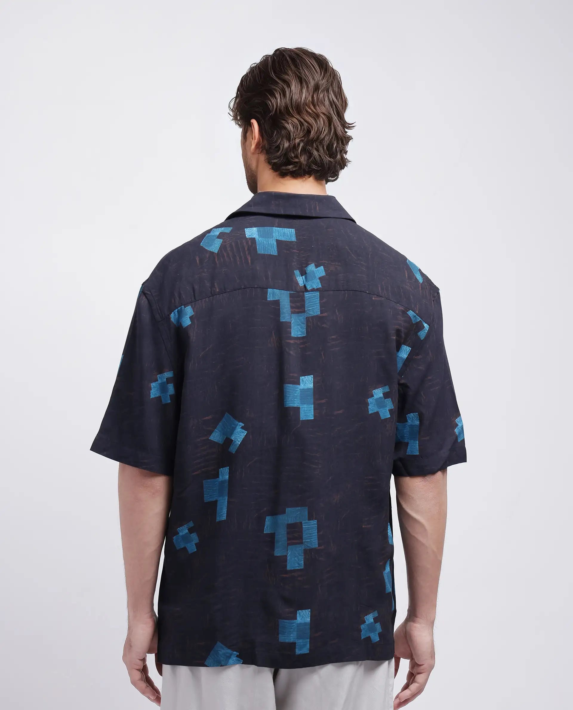 Rare Rabbit Men Riko Dark Brown Viscose Fabric Half Sleeve Cuban Collar Button Closure Oversized Fit Abstract Print Shirt