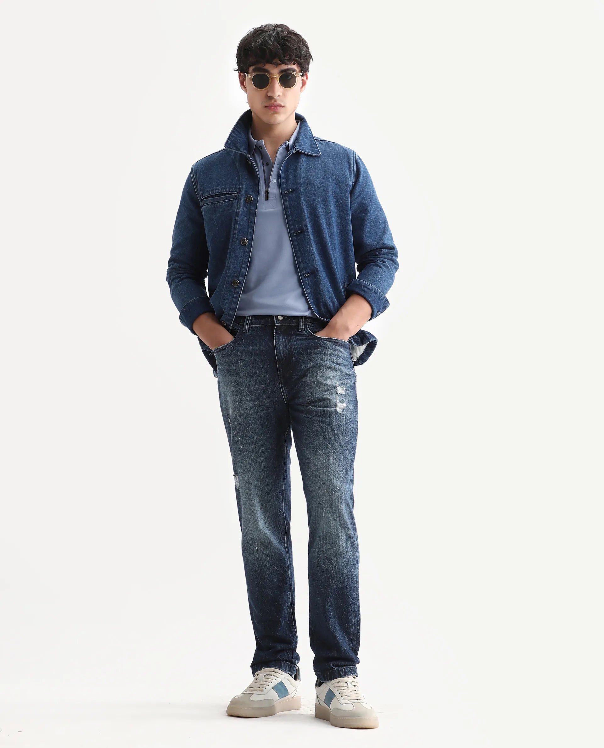 Rare Rabbit Men's Riley Blue Cotton Plain Kurt Carrot Fit Jeans