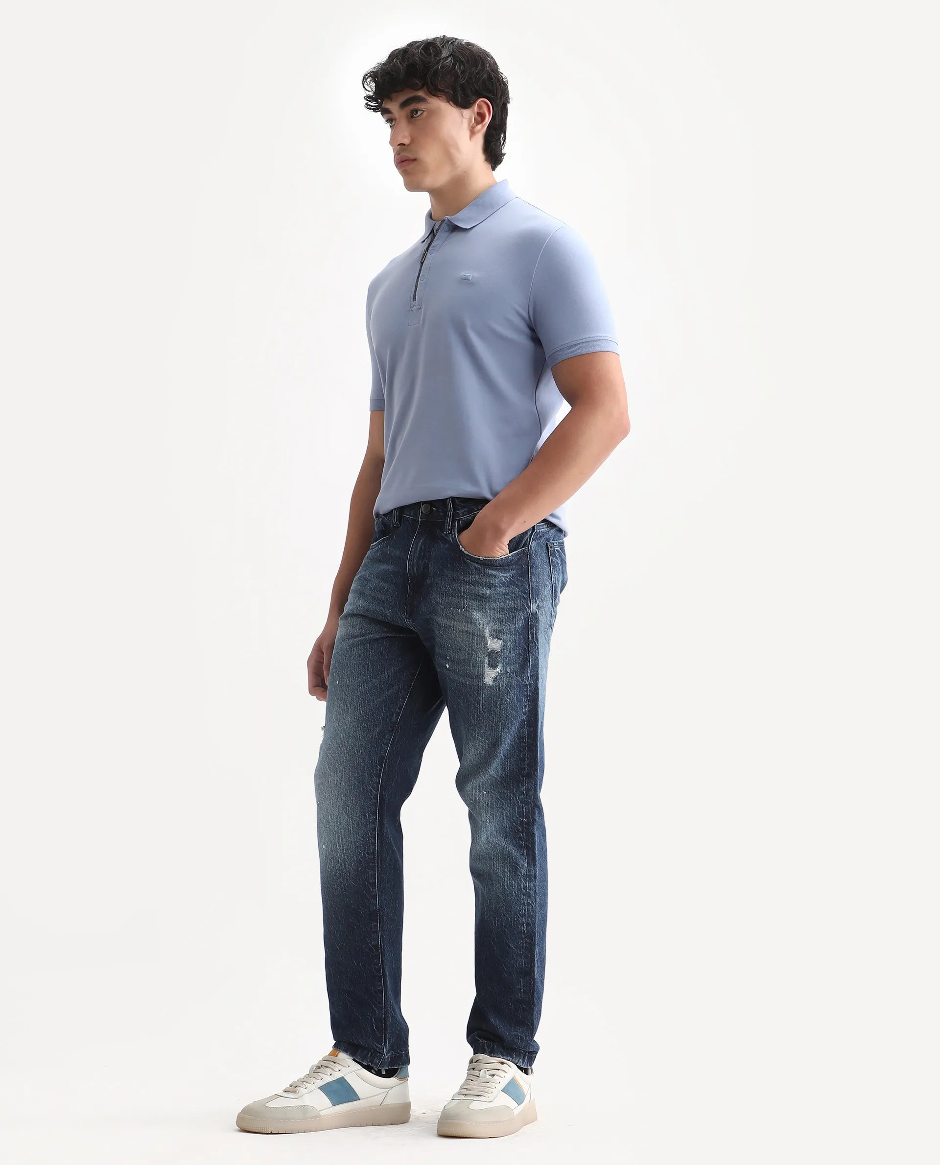 Rare Rabbit Men's Riley Blue Cotton Plain Kurt Carrot Fit Jeans