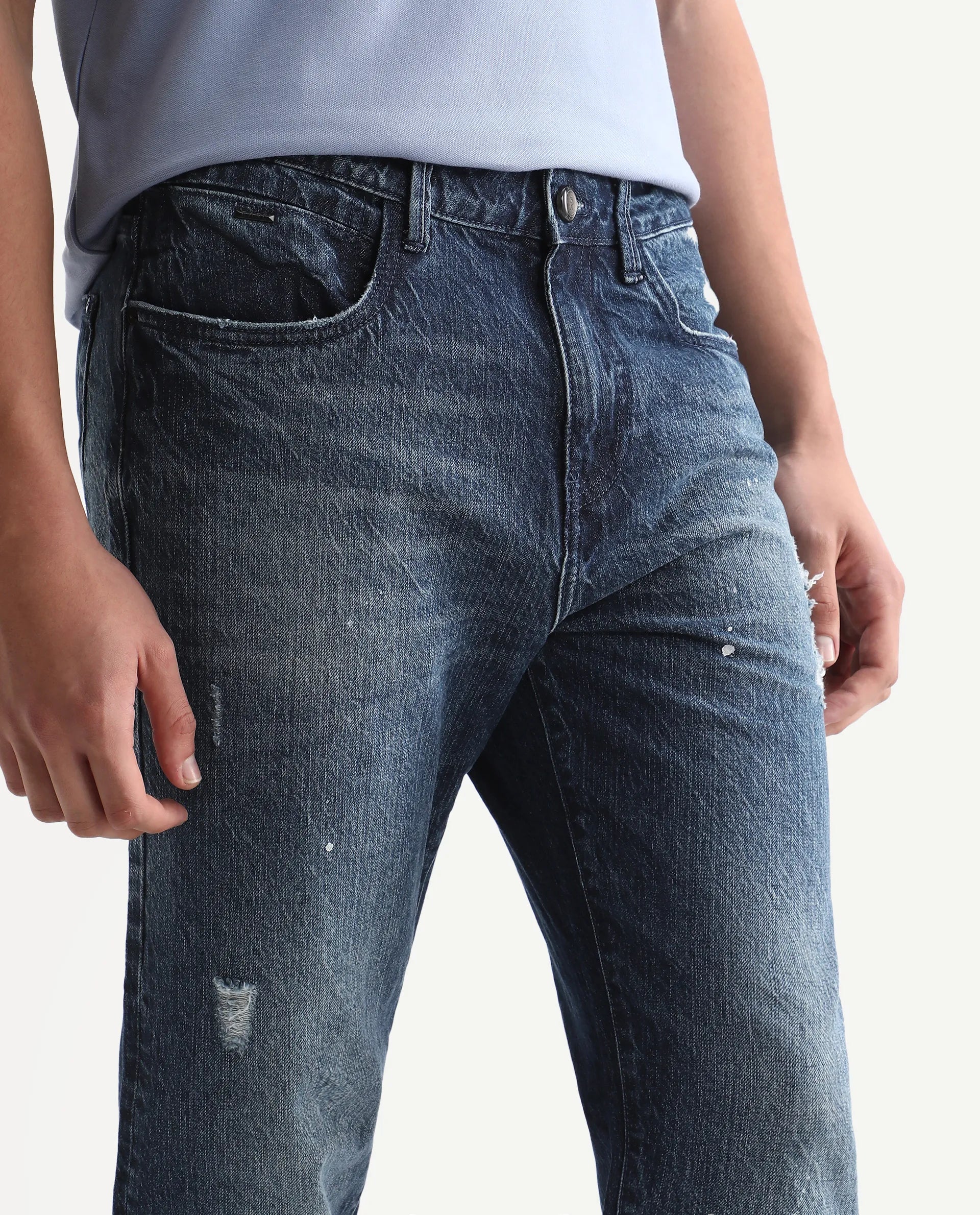 Rare Rabbit Men's Riley Blue Cotton Plain Kurt Carrot Fit Jeans