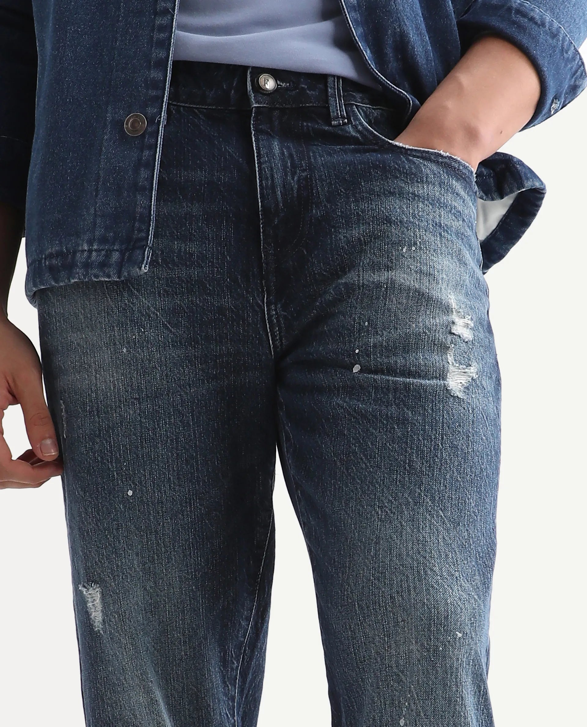 Rare Rabbit Men's Riley Blue Cotton Plain Kurt Carrot Fit Jeans