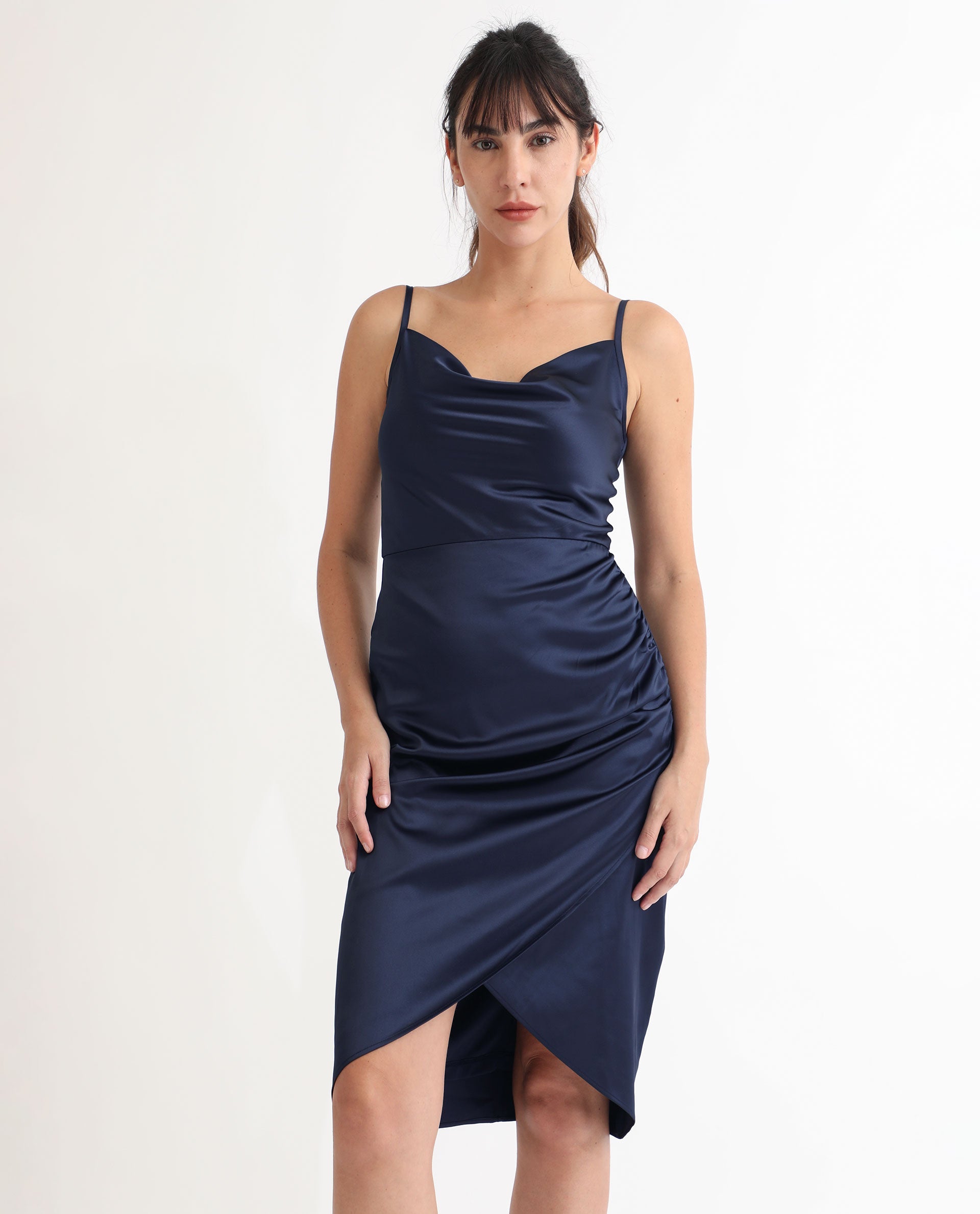 Rareism Women Rilu Sheen Navy Poly Lycra Fabric Sleeveless Zip Closure Cowl Neck Shoulder Straps Regular Fit Plain Knee Length Empire Dress