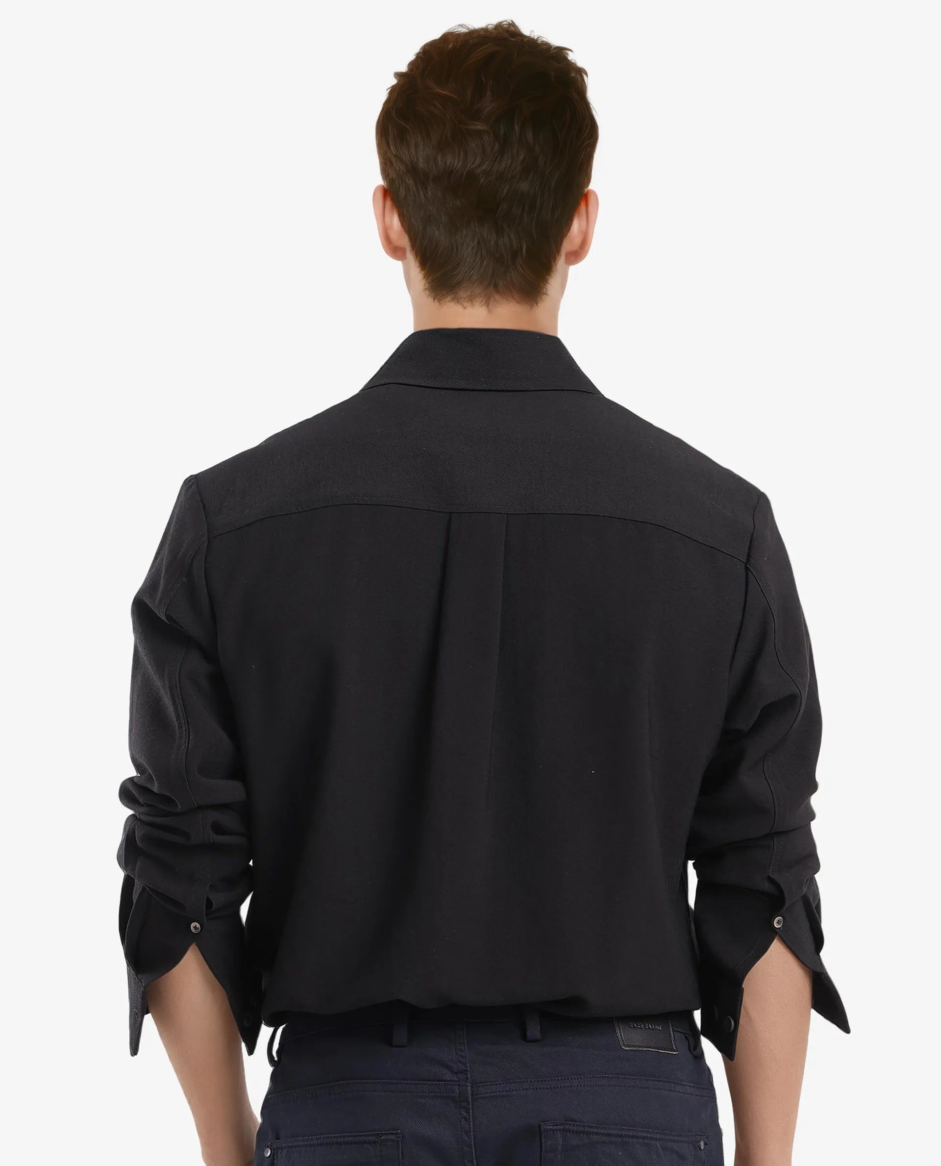 Rare Rabbit Men Rimal Black Viscose Nylon Blend Fabric Full Sleeve Regular Collared Boxy Fit Cavalry Twill Solid Shirt