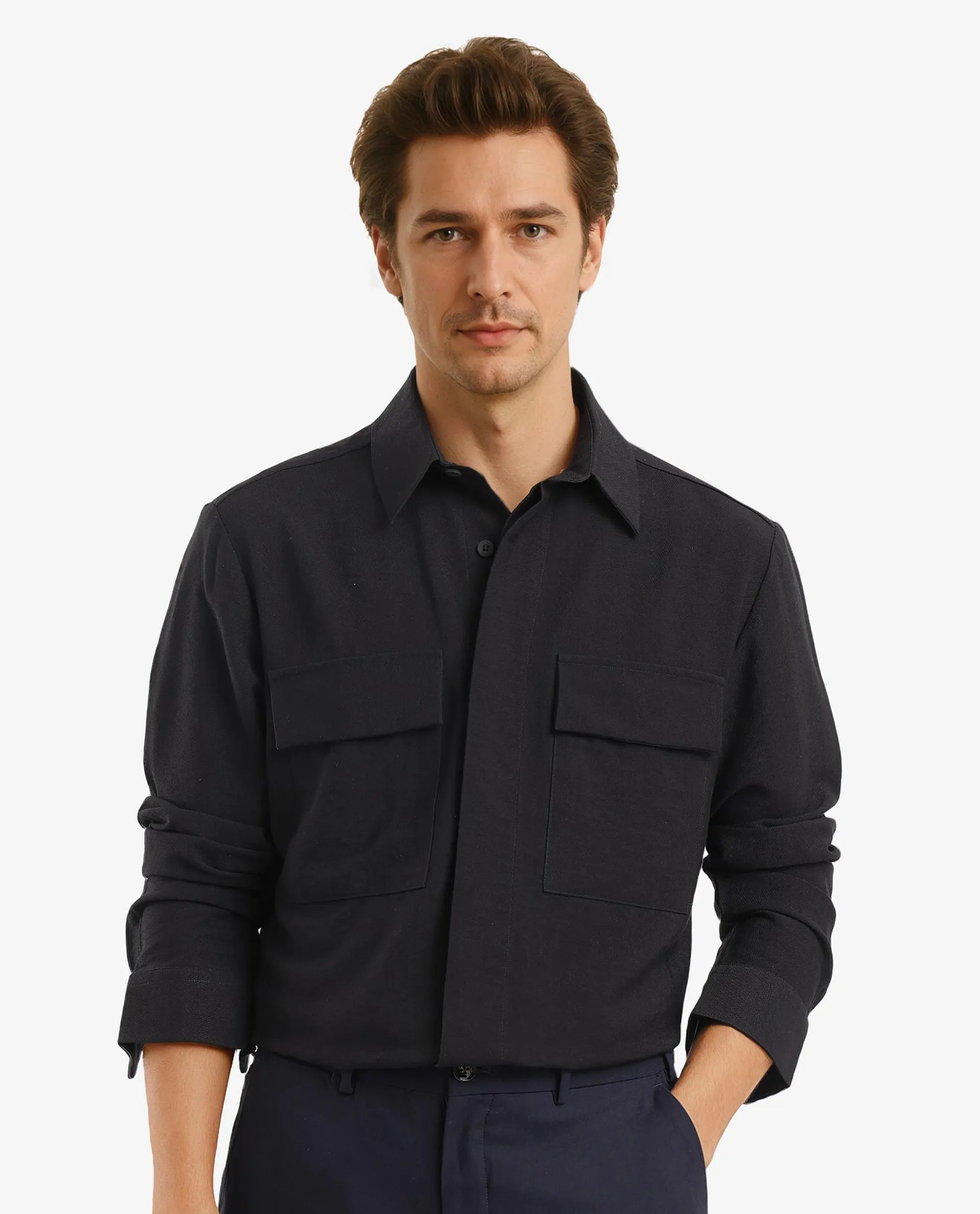 Rare Rabbit Men Rimal Black Viscose Nylon Blend Fabric Full Sleeve Regular Collared Boxy Fit Cavalry Twill Solid Shirt