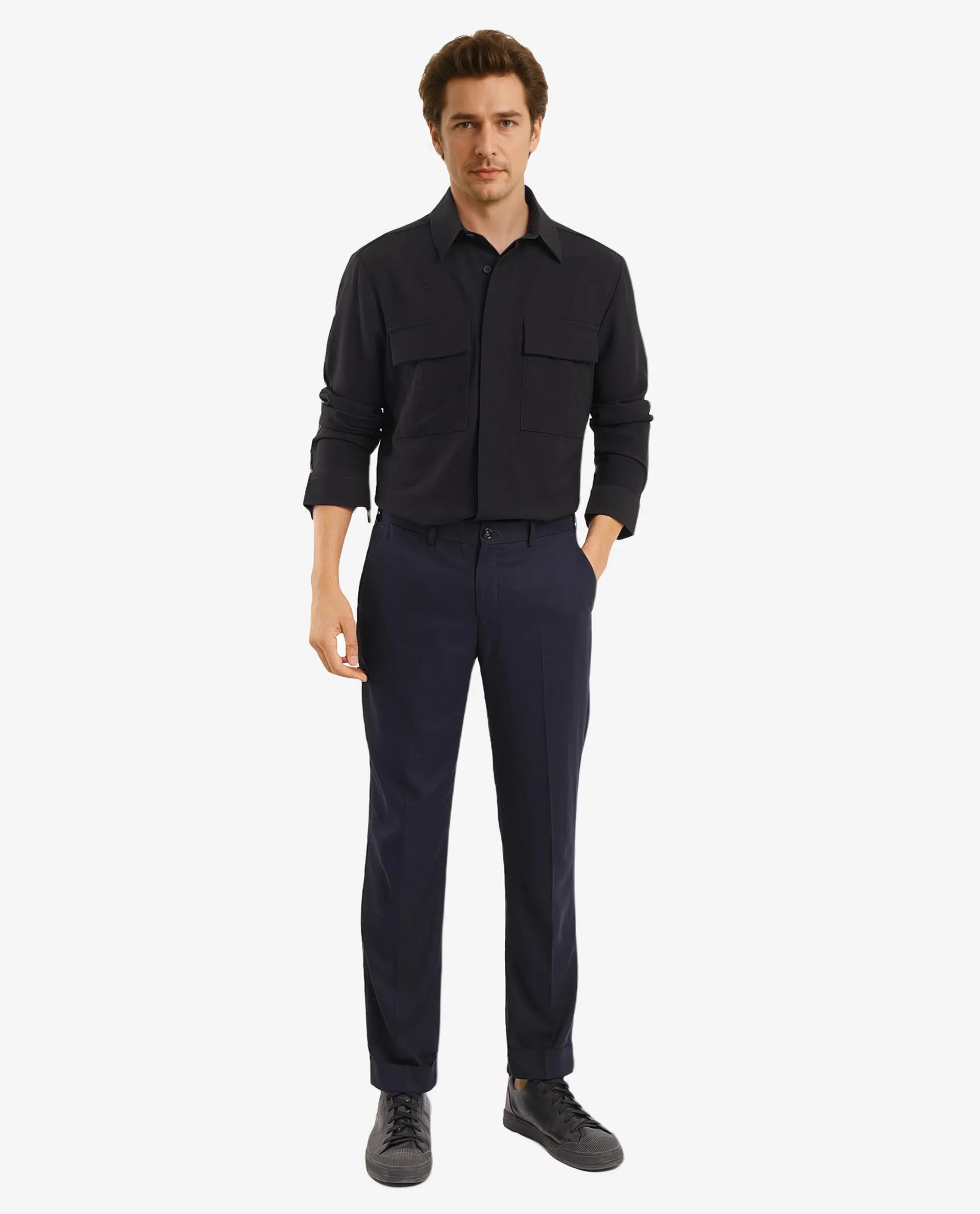 Rare Rabbit Men Rimal Black Viscose Nylon Blend Fabric Full Sleeve Regular Collared Boxy Fit Cavalry Twill Solid Shirt