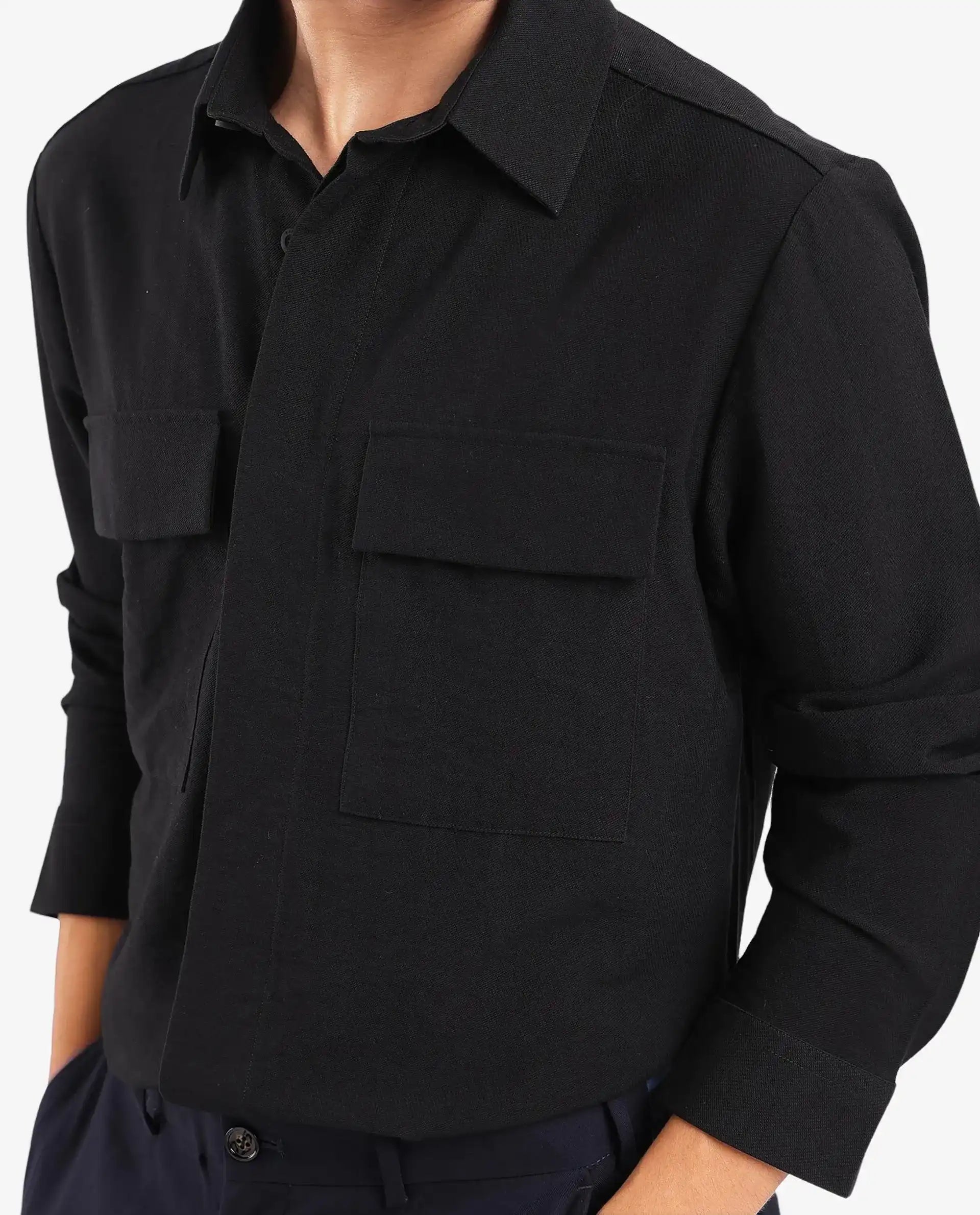 Rare Rabbit Men Rimal Black Viscose Nylon Blend Fabric Full Sleeve Regular Collared Boxy Fit Cavalry Twill Solid Shirt