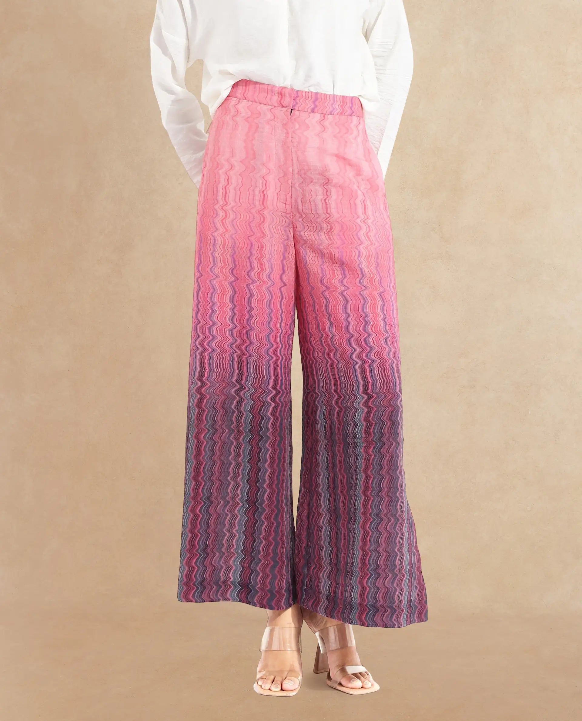 Rareism Women Rimino Multi Zip Flared Ankle Length Abstract Print Trouser