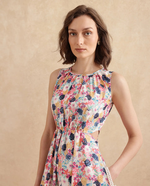 Rareism Women's Qban Multi Cotton Fabric Drop Collar Button Closure Sleeveless Geometric Print A-Line Knee Length Dress main image 1