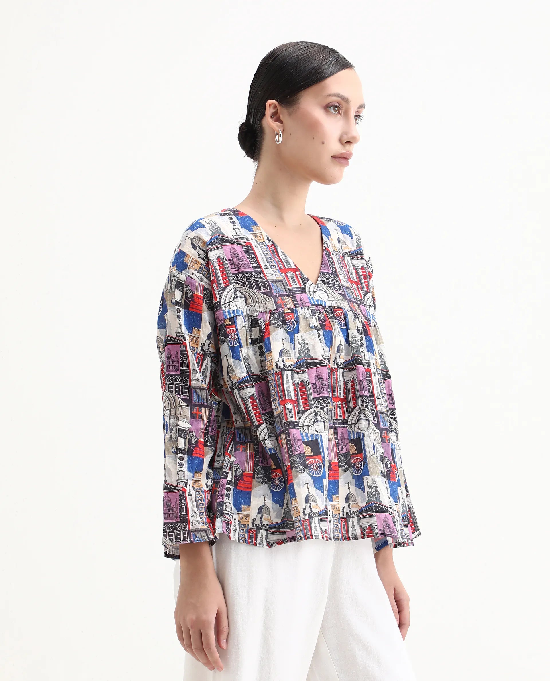 Rareism Women's Rinata-T Multi Cotton V-Neck Abstract Print Regular Fit Top