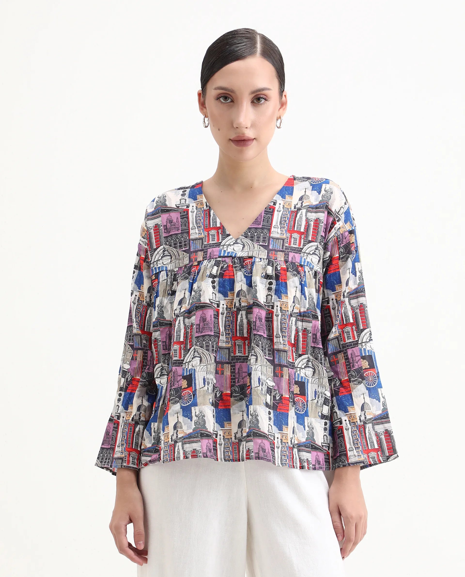 Rareism Women's Rinata-T Multi Cotton V-Neck Abstract Print Regular Fit Top