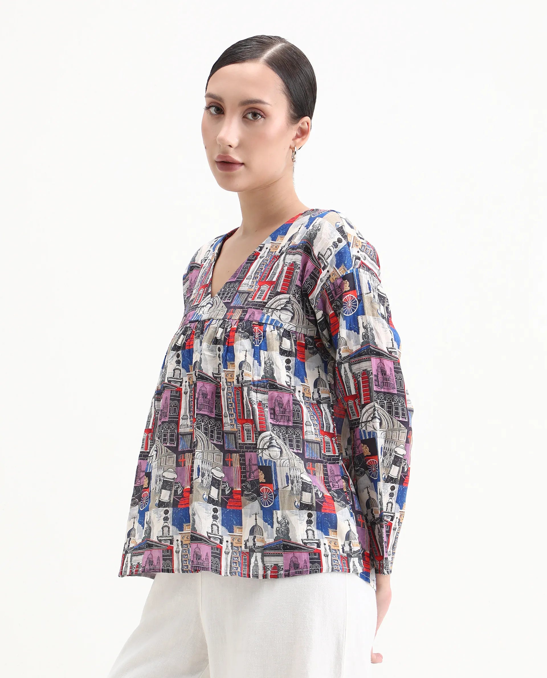 Rareism Women's Rinata-T Multi Cotton V-Neck Abstract Print Regular Fit Top