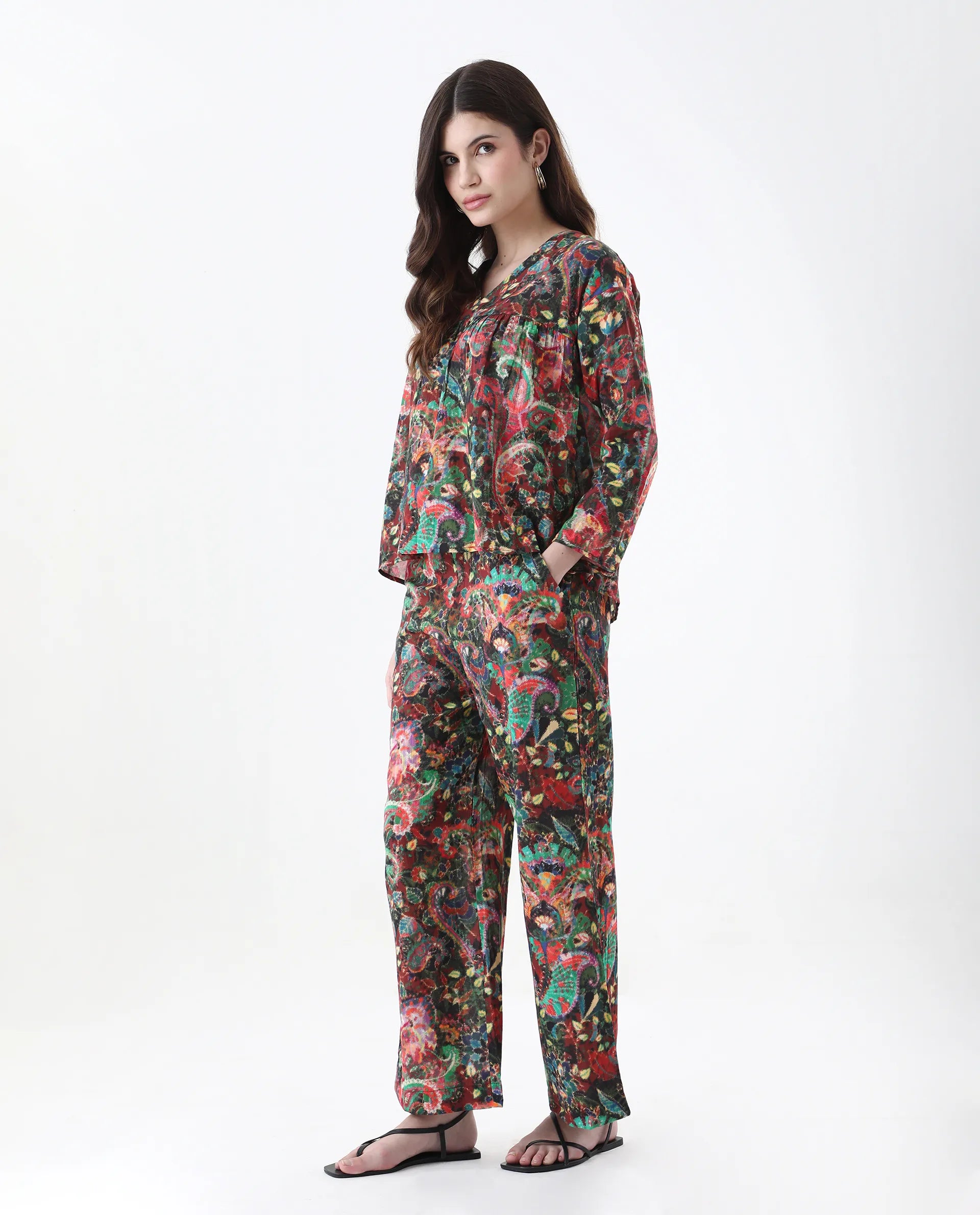 Rareism Women's Rinatao-B Dark Multi Cotton Blend Paisley Print Ankle Length Straight Fit Trouser